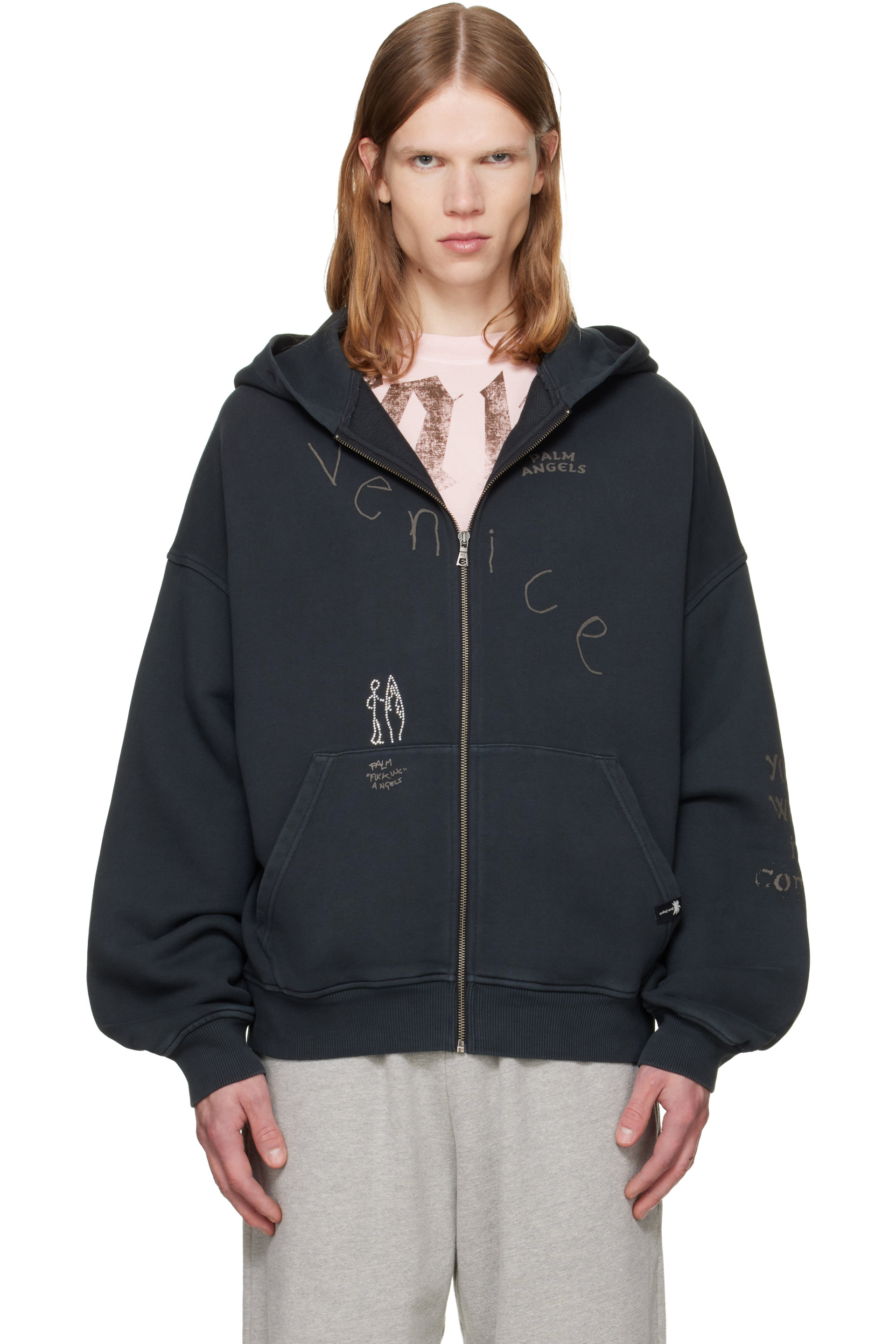 Palm Angels - Black 'Surfer Dream' Zipped Loose Hoodie