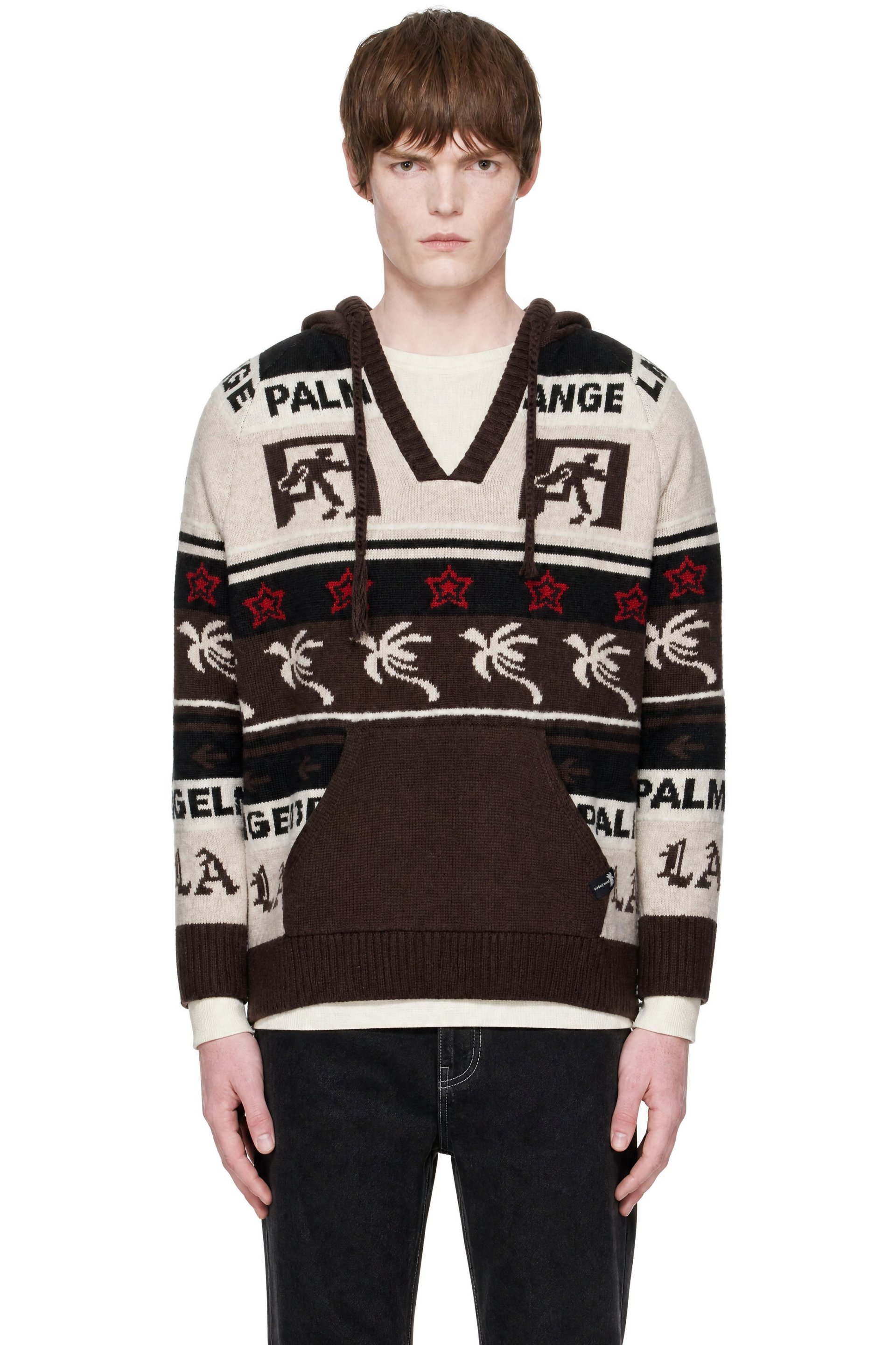 Palm Angels - Brown & White Palm Shadow Jacquard Loose Knit Hoodie