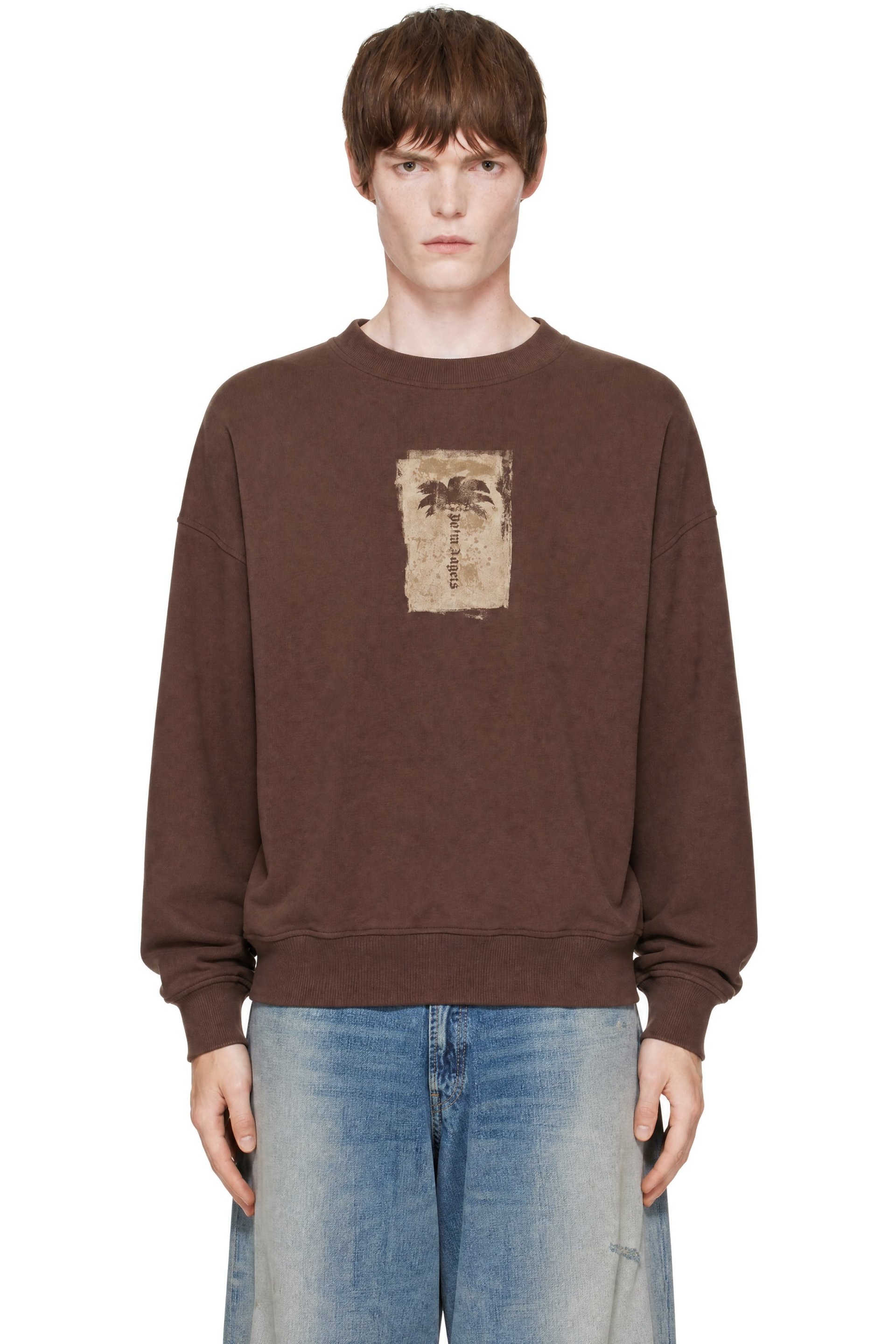Palm Angels - Pull molletonné brun à logo de palmier et à col ras du cou