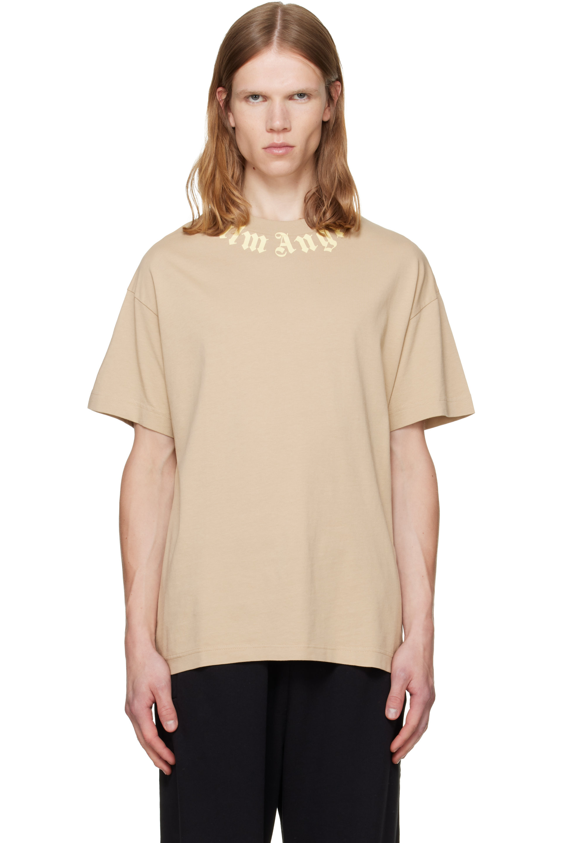 Palm Angels - Beige Neck Logo Regular T-shirt