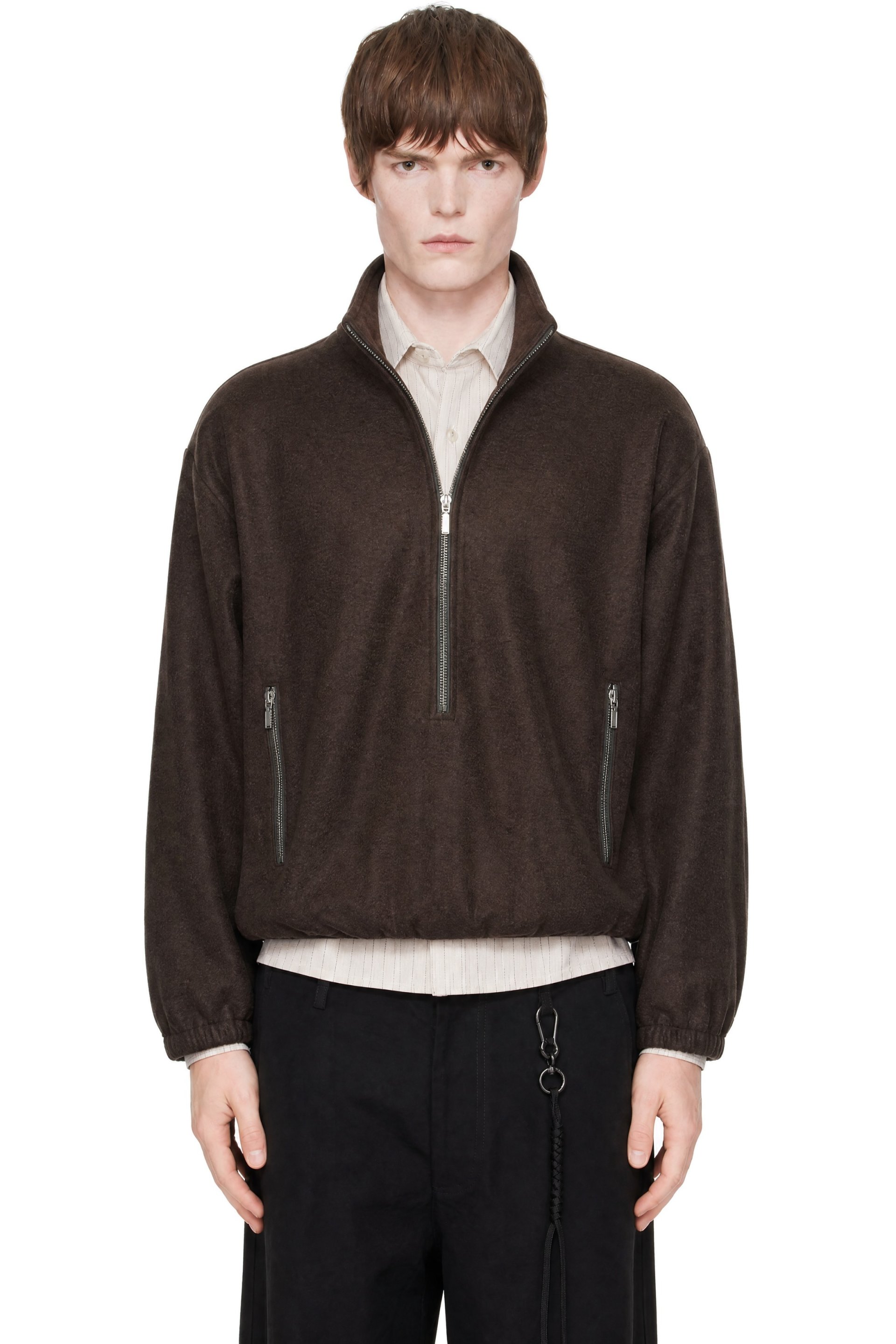 Song for the Mute - Brown Brushed Wool Long Zip Pullover Sweatshirt