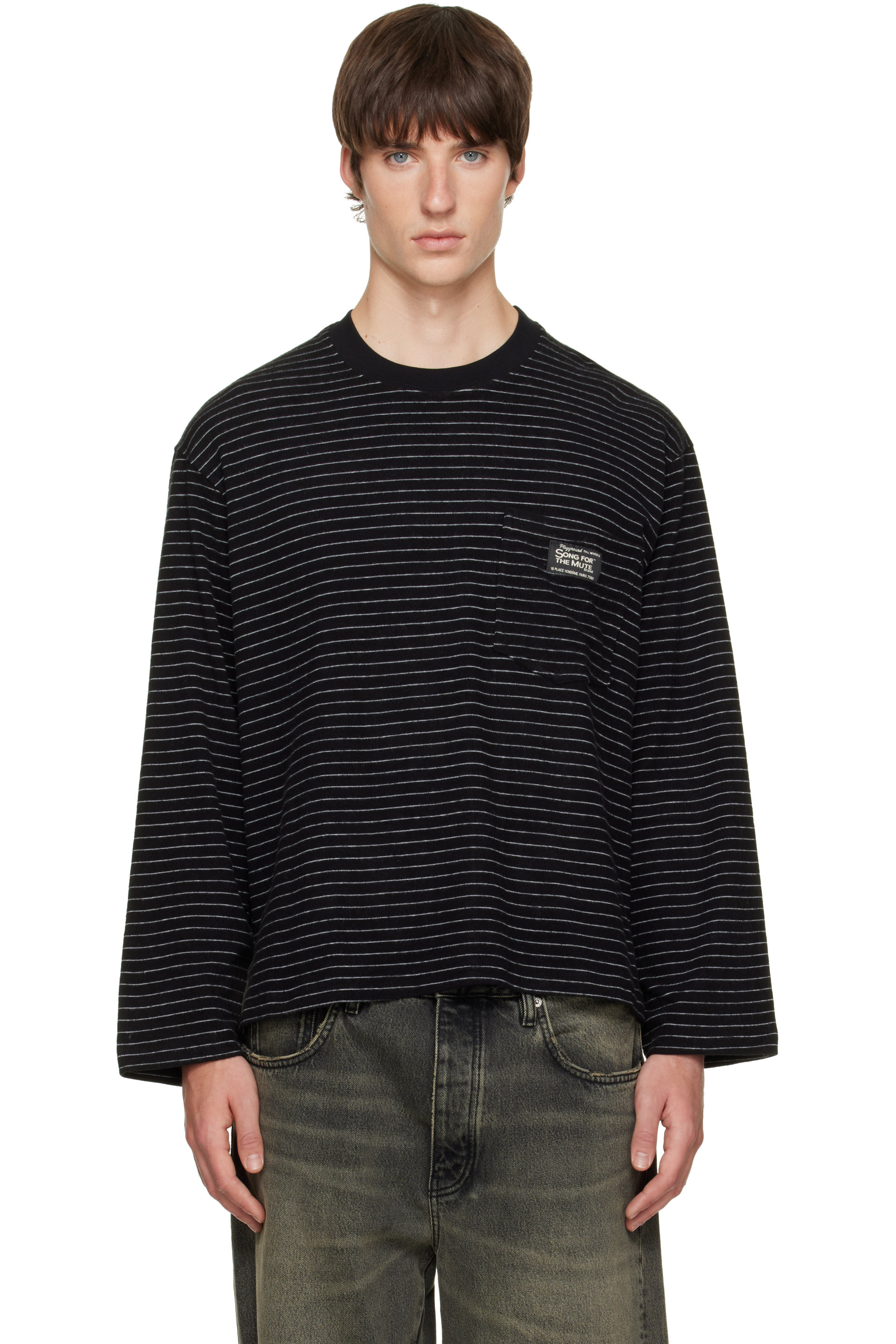 Song for the Mute - Black Crewneck Fuzzy Stripe Jersey Sweater