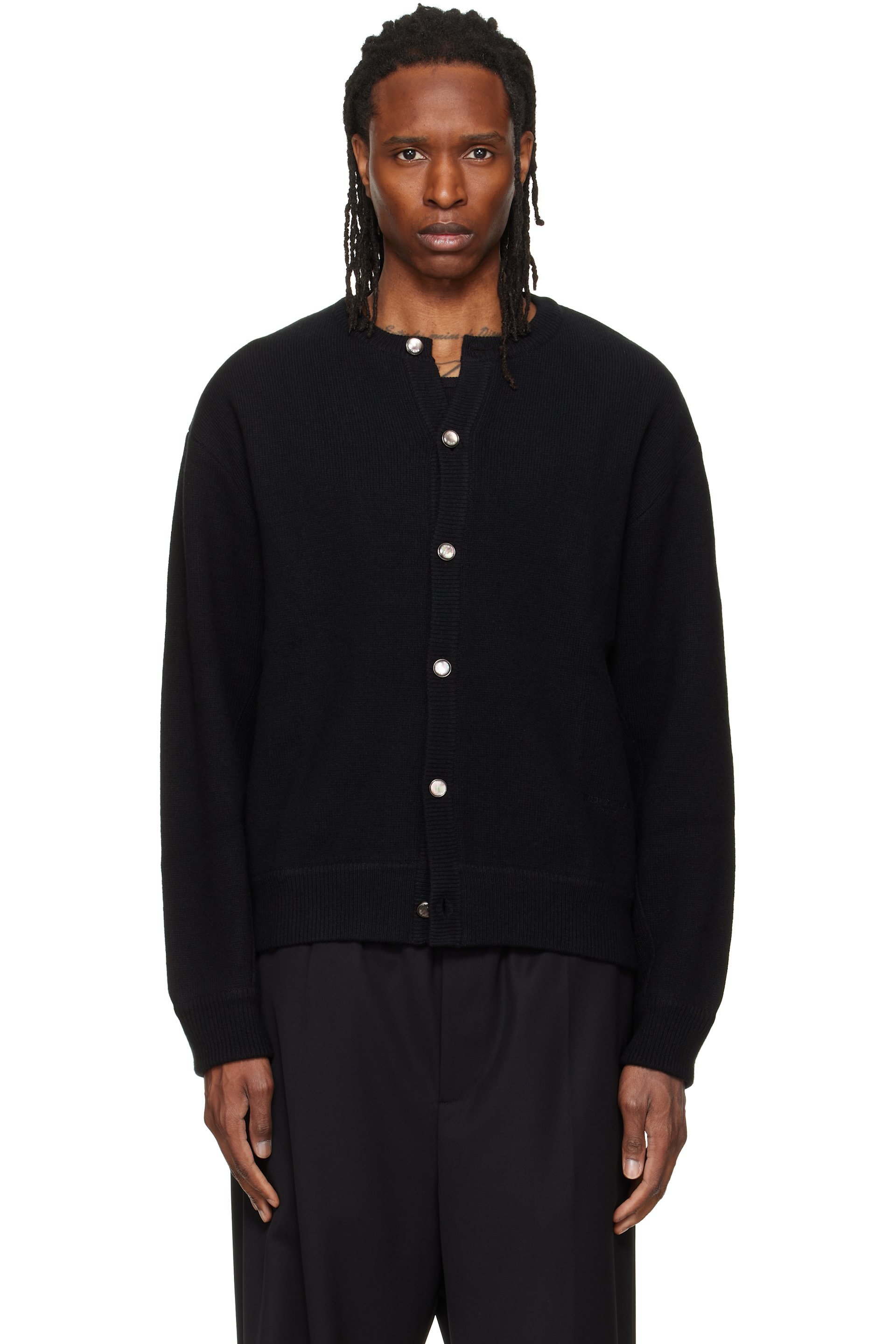 WOOYOUNGMI - Black Round Neck Wool Cardigan