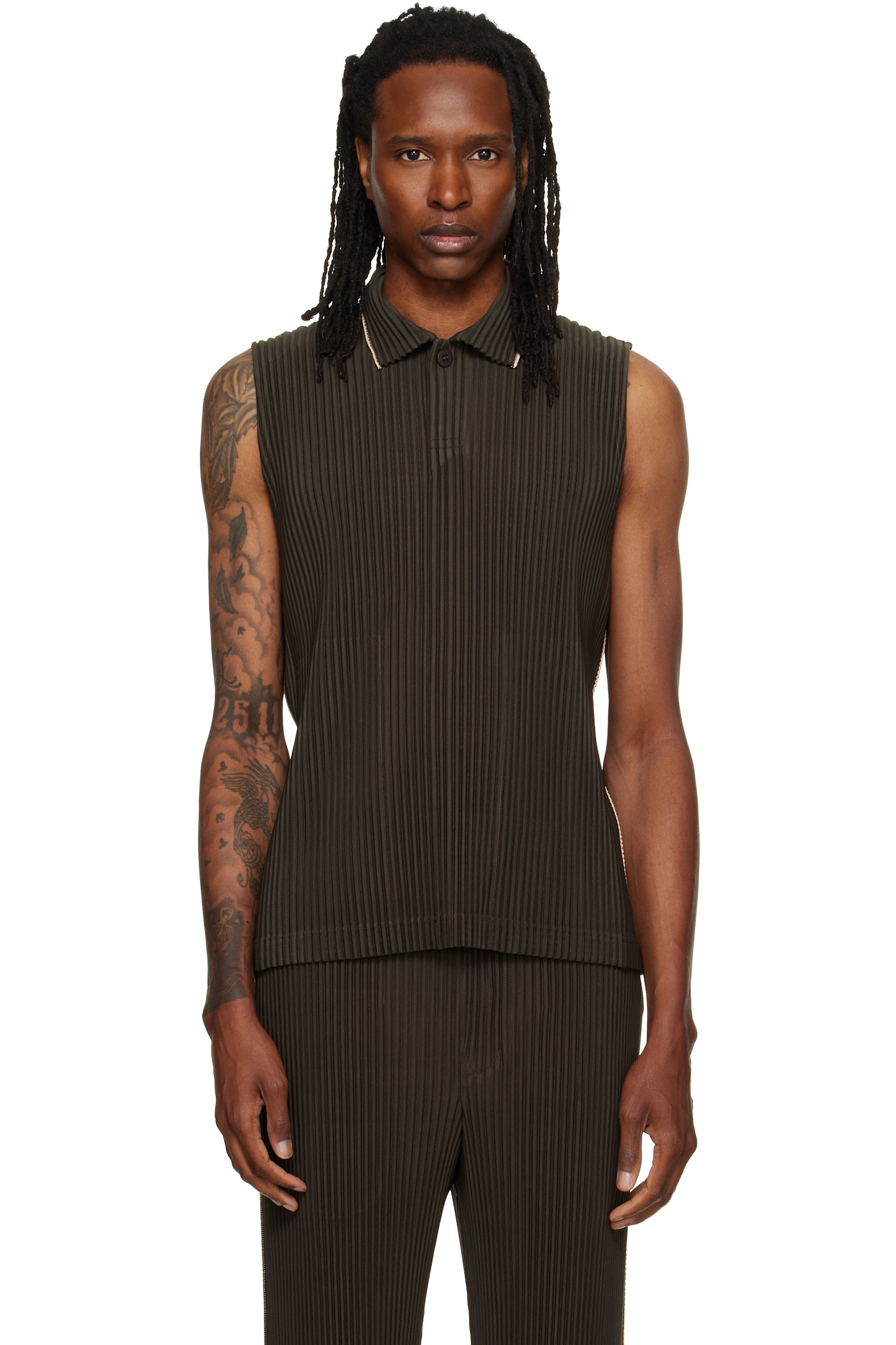 HOMME PLISSÉ ISSEY MIYAKE - Brown Embroidery Stripes Vest