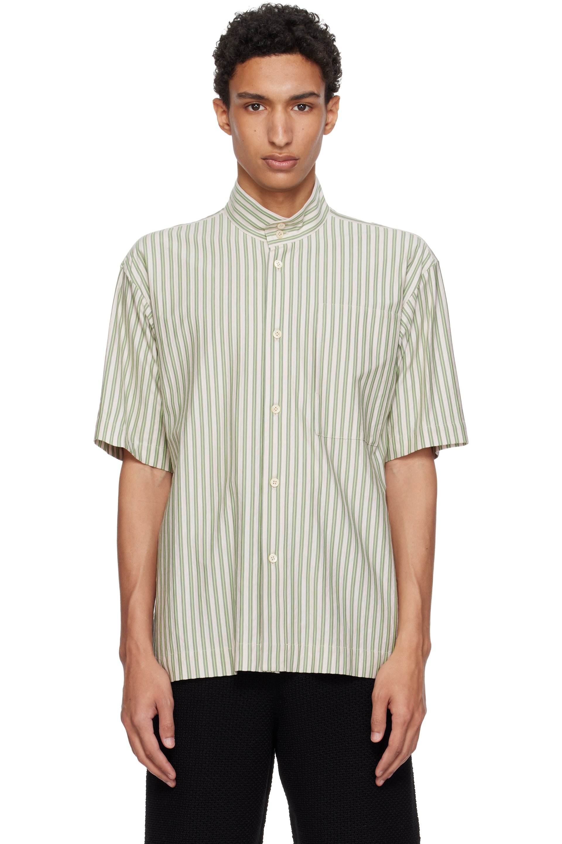 ラ*ン様 HOMME PLISSÉ ISSEY MIYAKE S/S shirt HOMME PLISSÉ ISSEY MIYAKE: Green Stripe Jersey Shirt | SSENSE Canada
