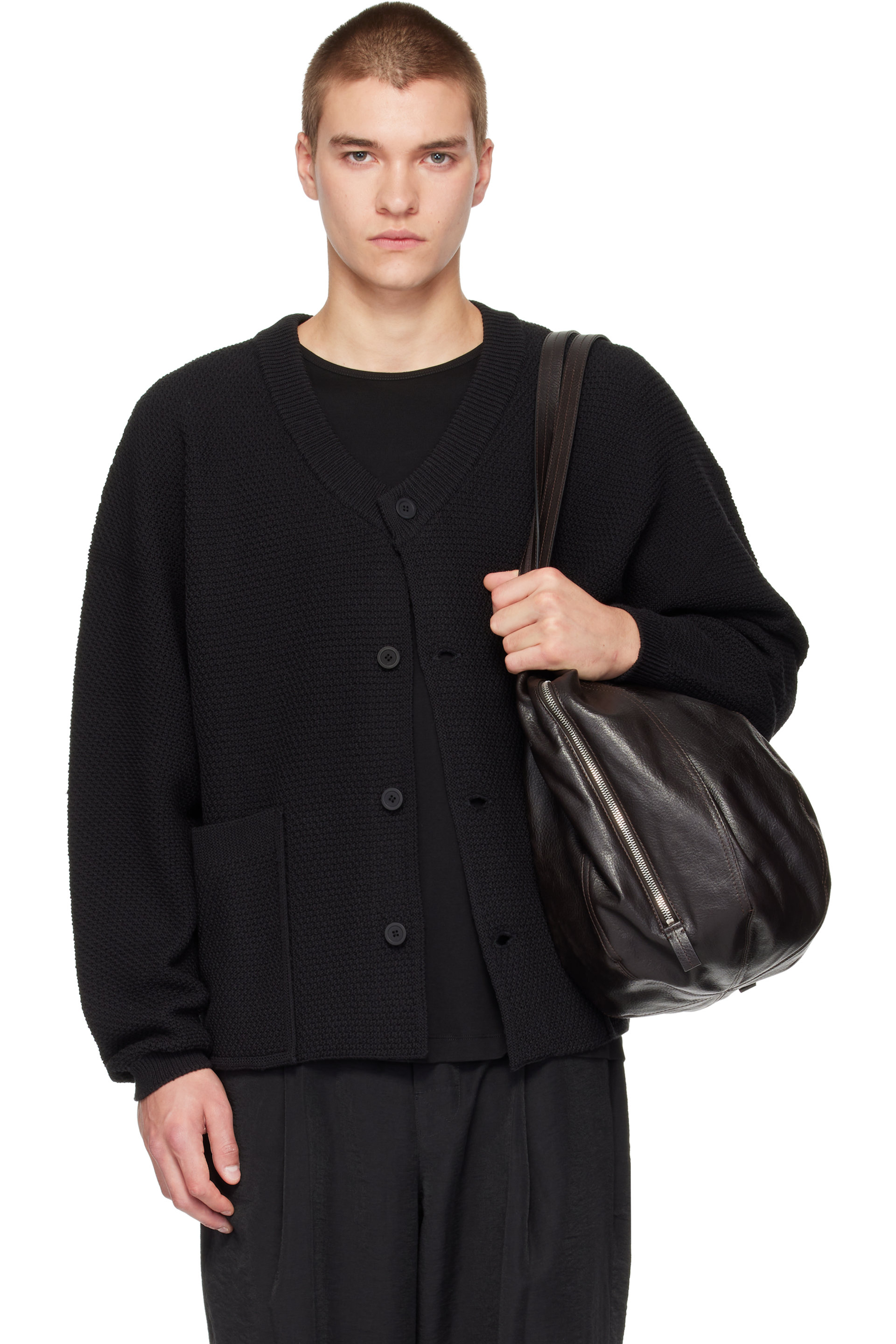 HOMME PLISSÉ ISSEY MIYAKE - Black Rustic Knit Cardigan