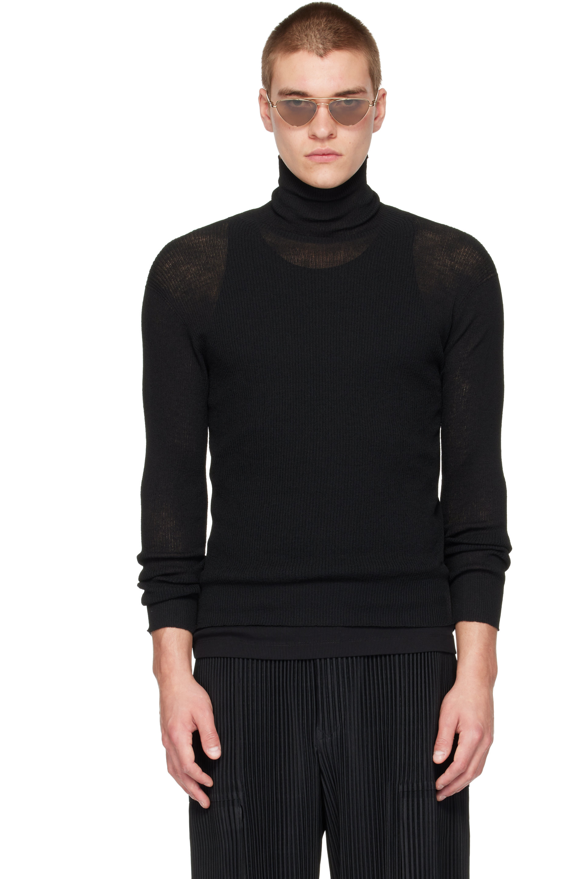 HOMME PLISSÉ ISSEY MIYAKE - Black Unraveled Knit Sweater