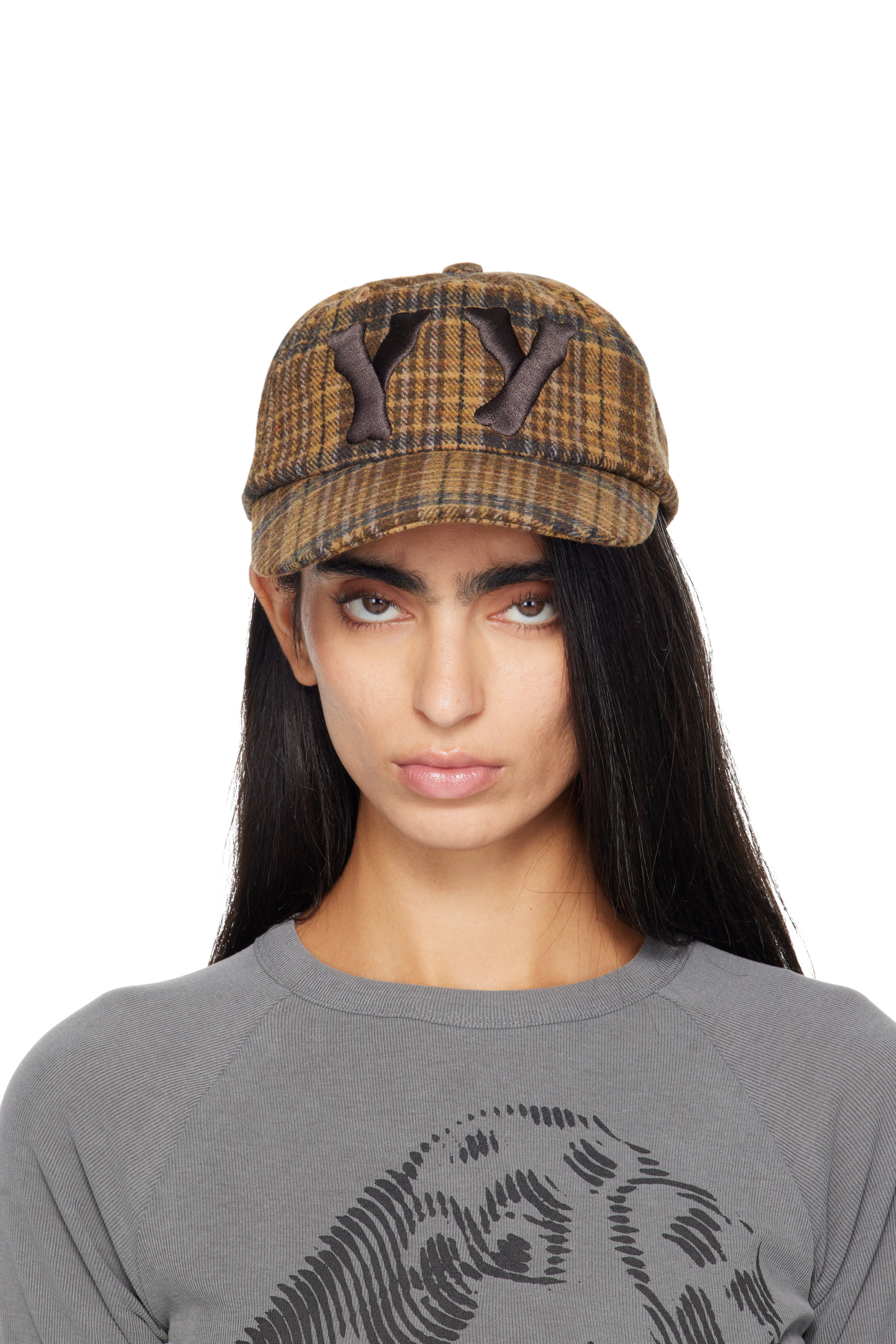 OPEN YY - Beige & Brown 'Yy' Checkered Heart Bone Ball Cap