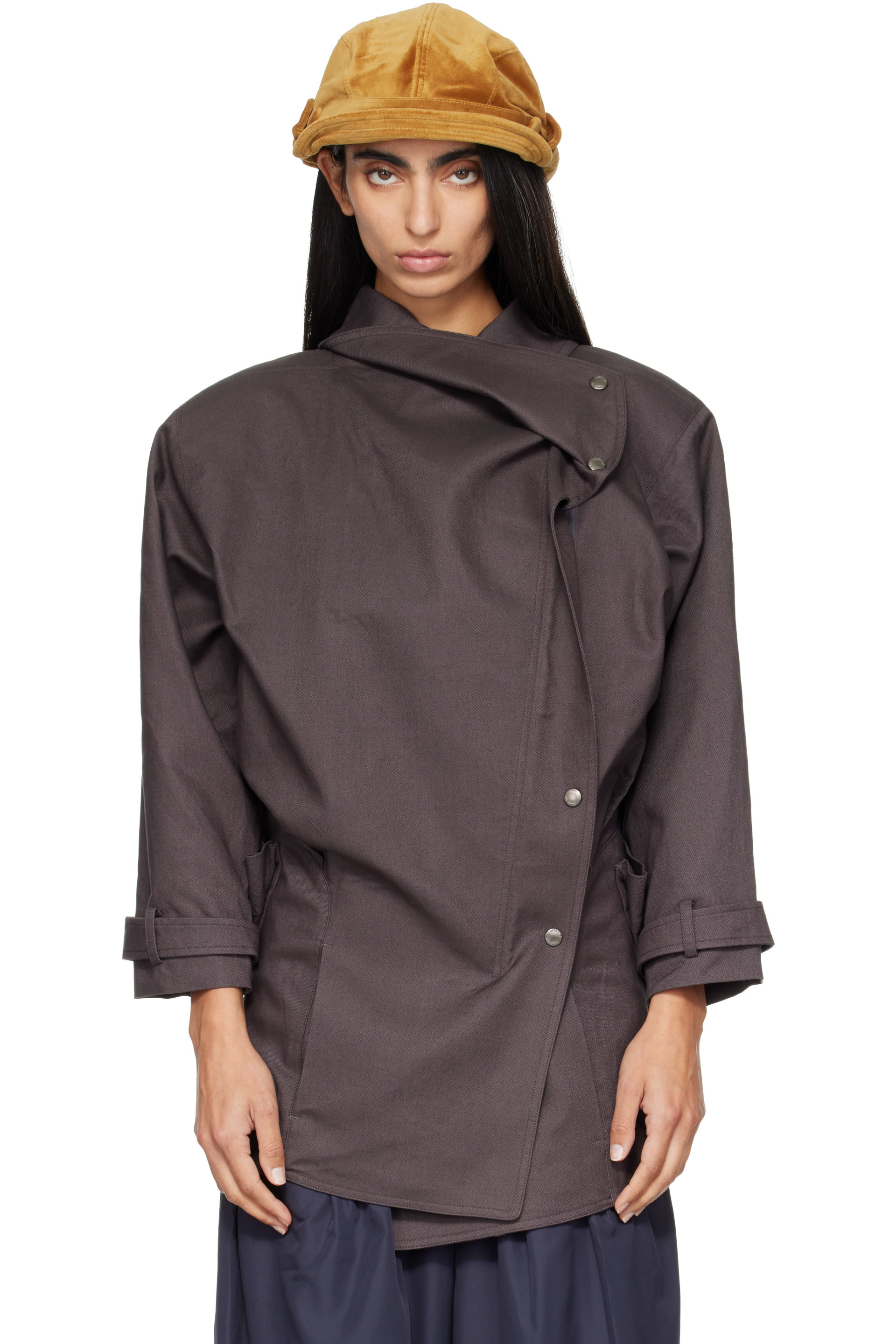 OPEN YY - Brown Drop Collar Half Trench Jacket