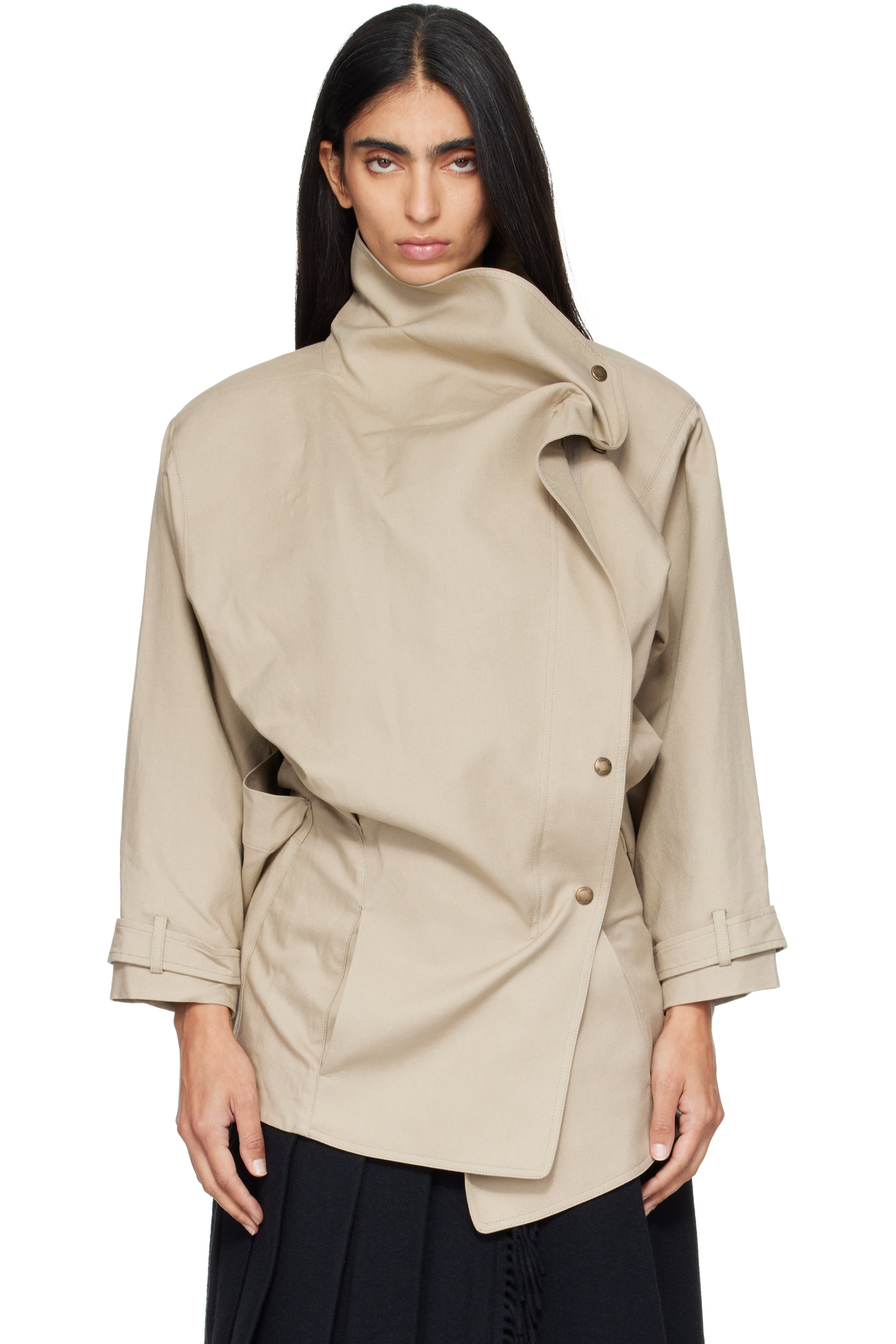 OPEN YY - Beige Drop Collar Half Trench Jacket