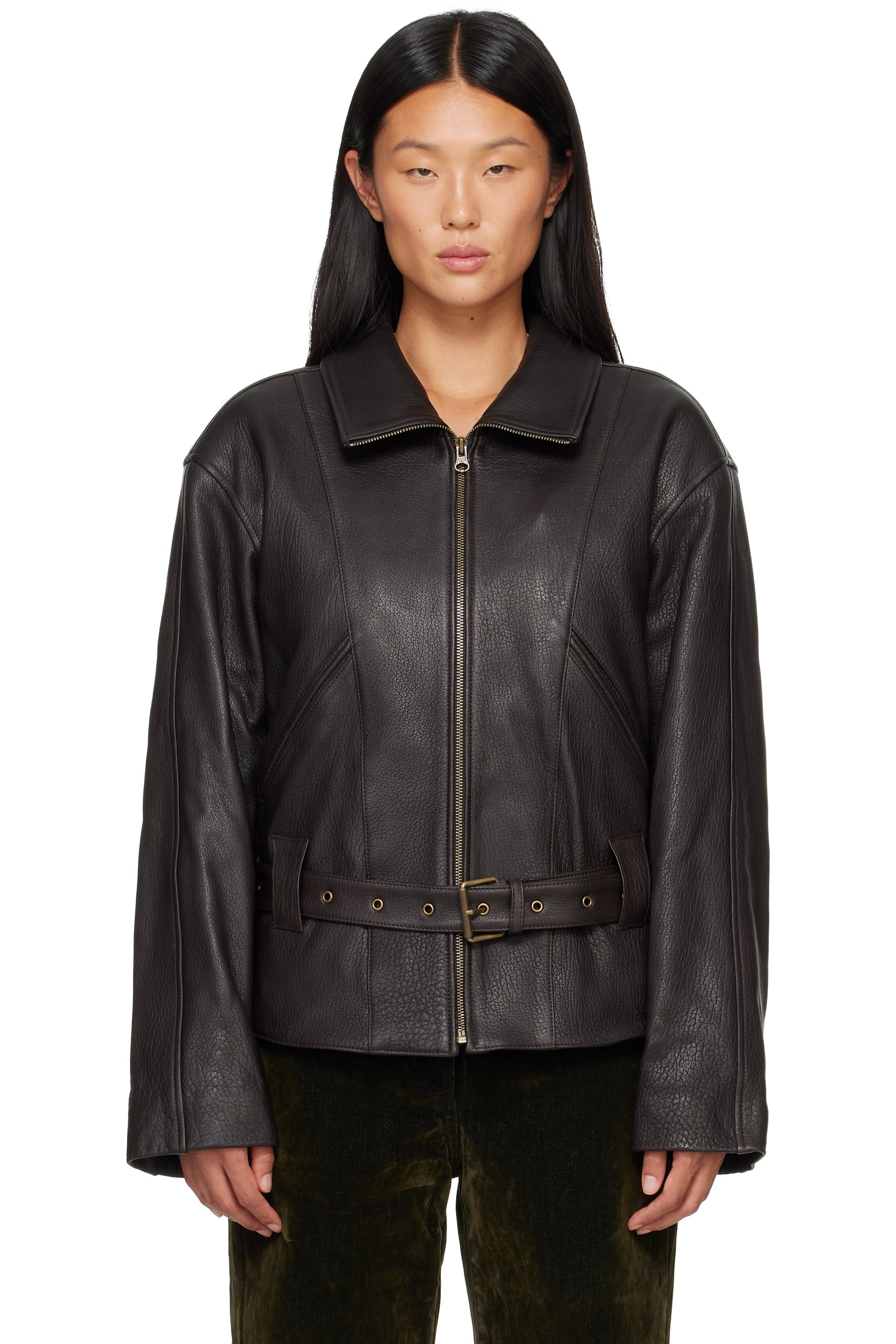 OPEN YY - Brown Belted Leather Jacket