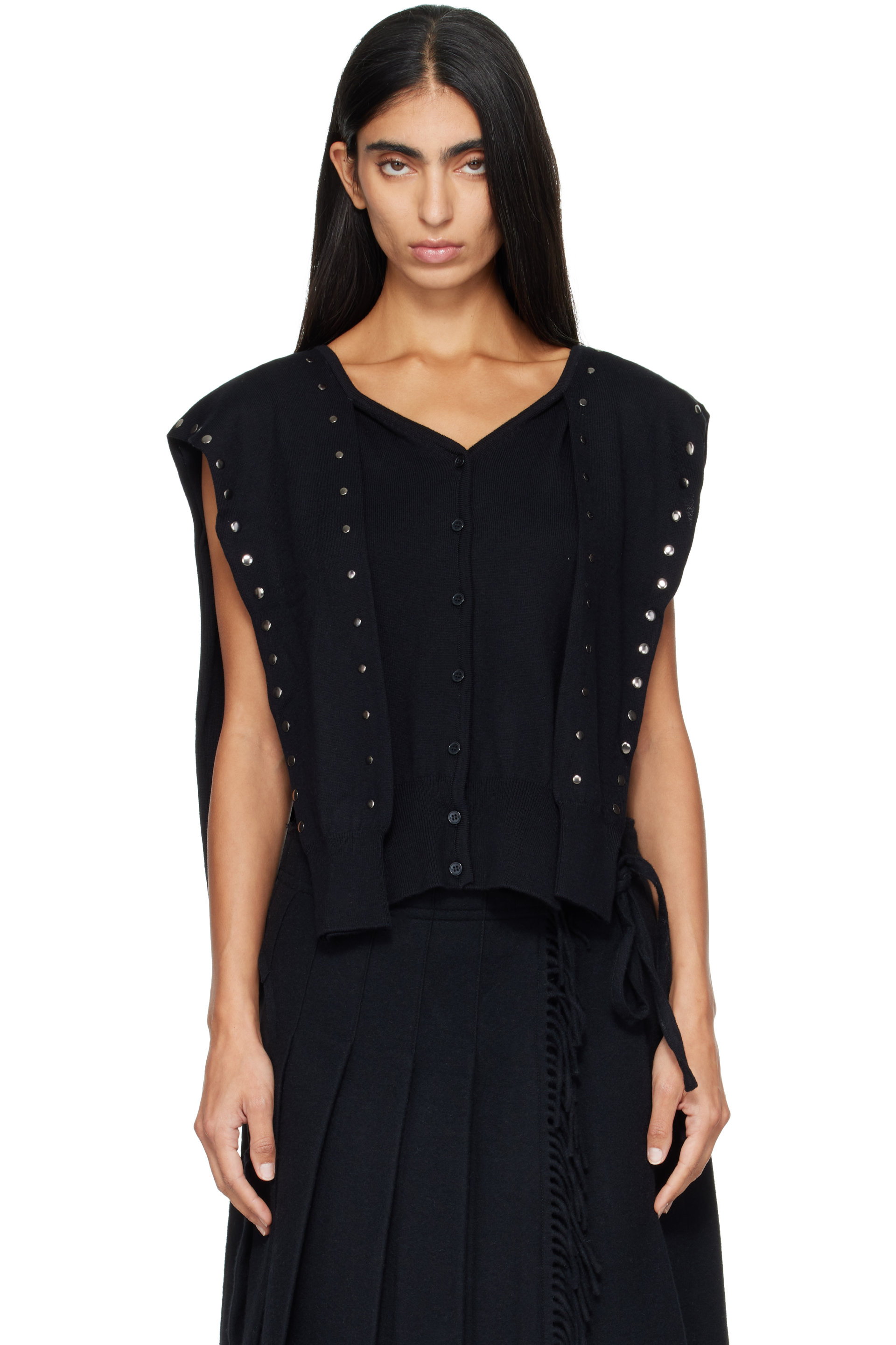 OPEN YY - Black Stud Sleeve Layered Cardigan