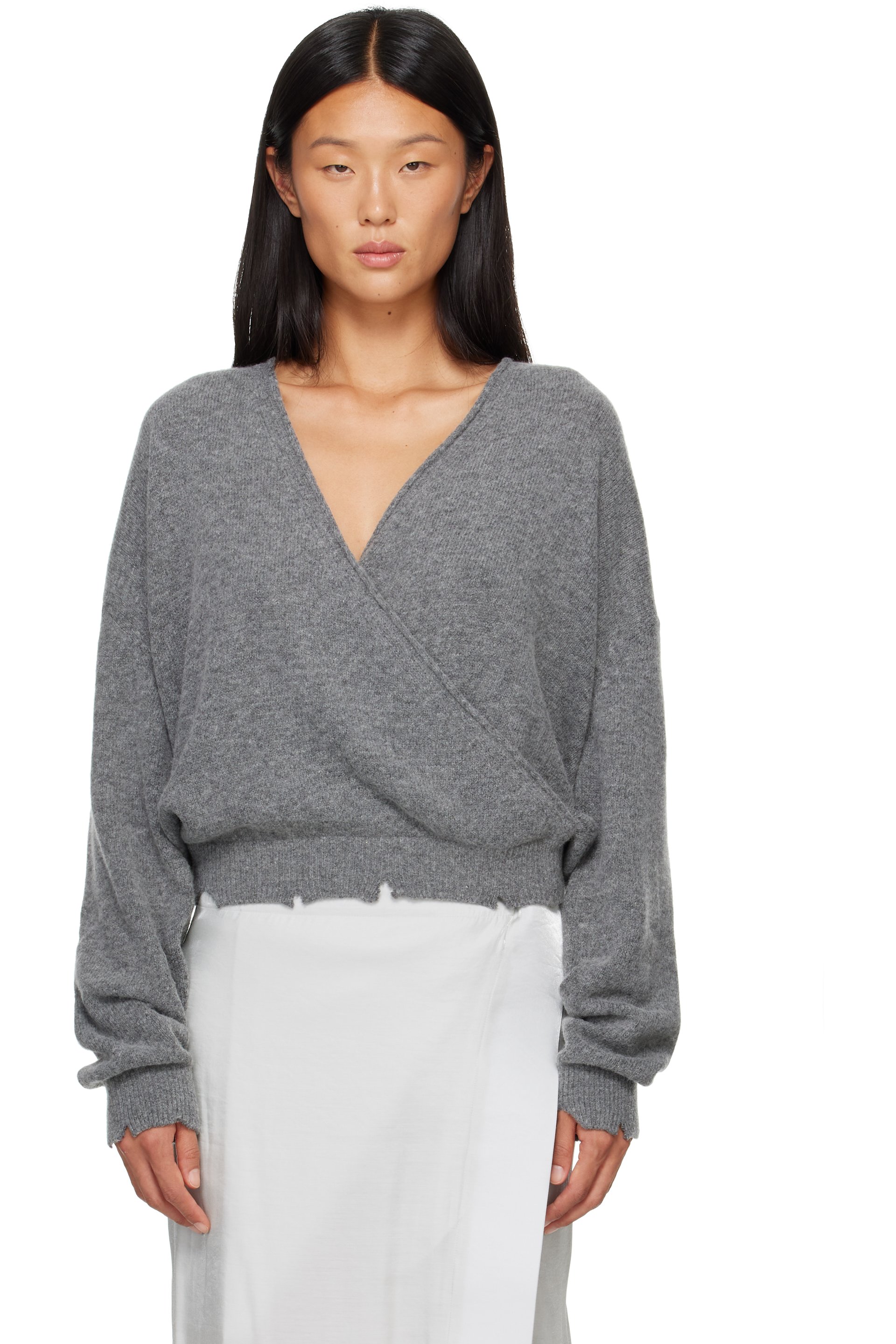 OPEN YY - Gray Wool Criss Cross Wrap Knit Sweater