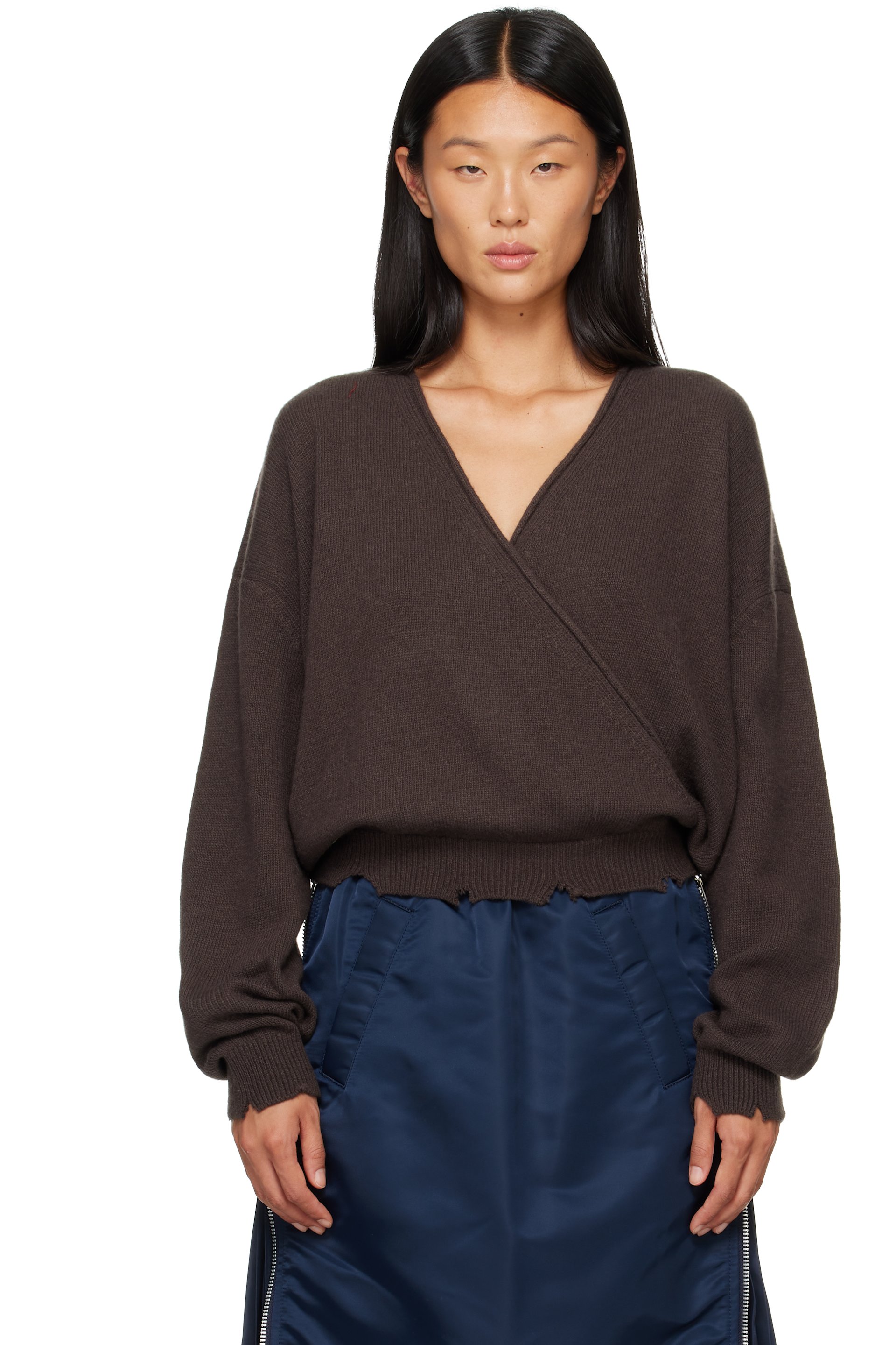 OPEN YY - Brown Wool Criss Cross Wrap Knit Sweater