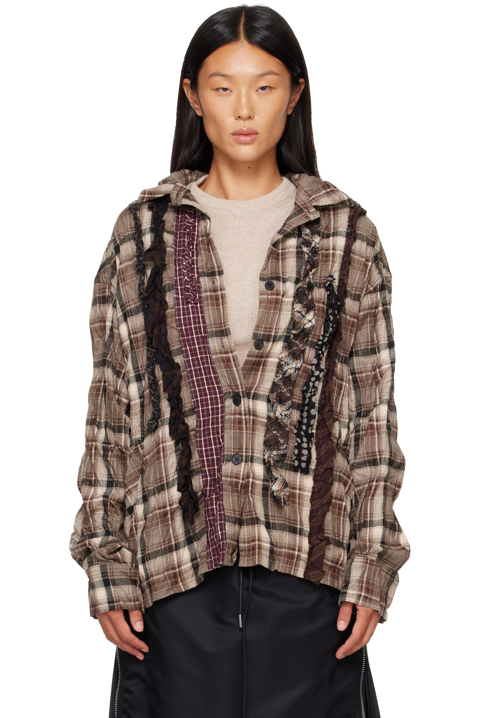 OPEN YY - Brown Checkered Crinkle Ruffle Shirt