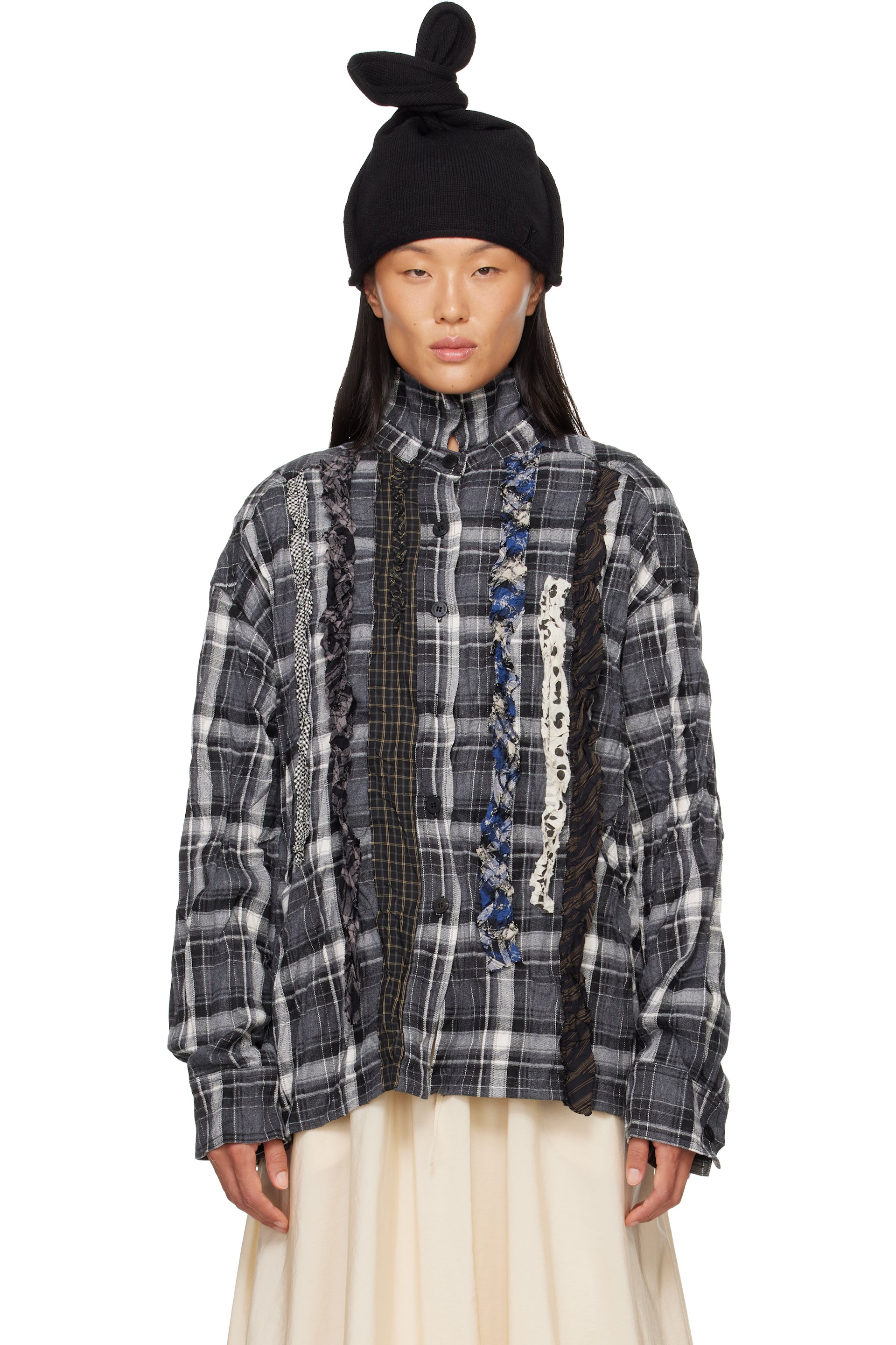 OPEN YY - Black Checkered Crinkle Ruffle Shirt