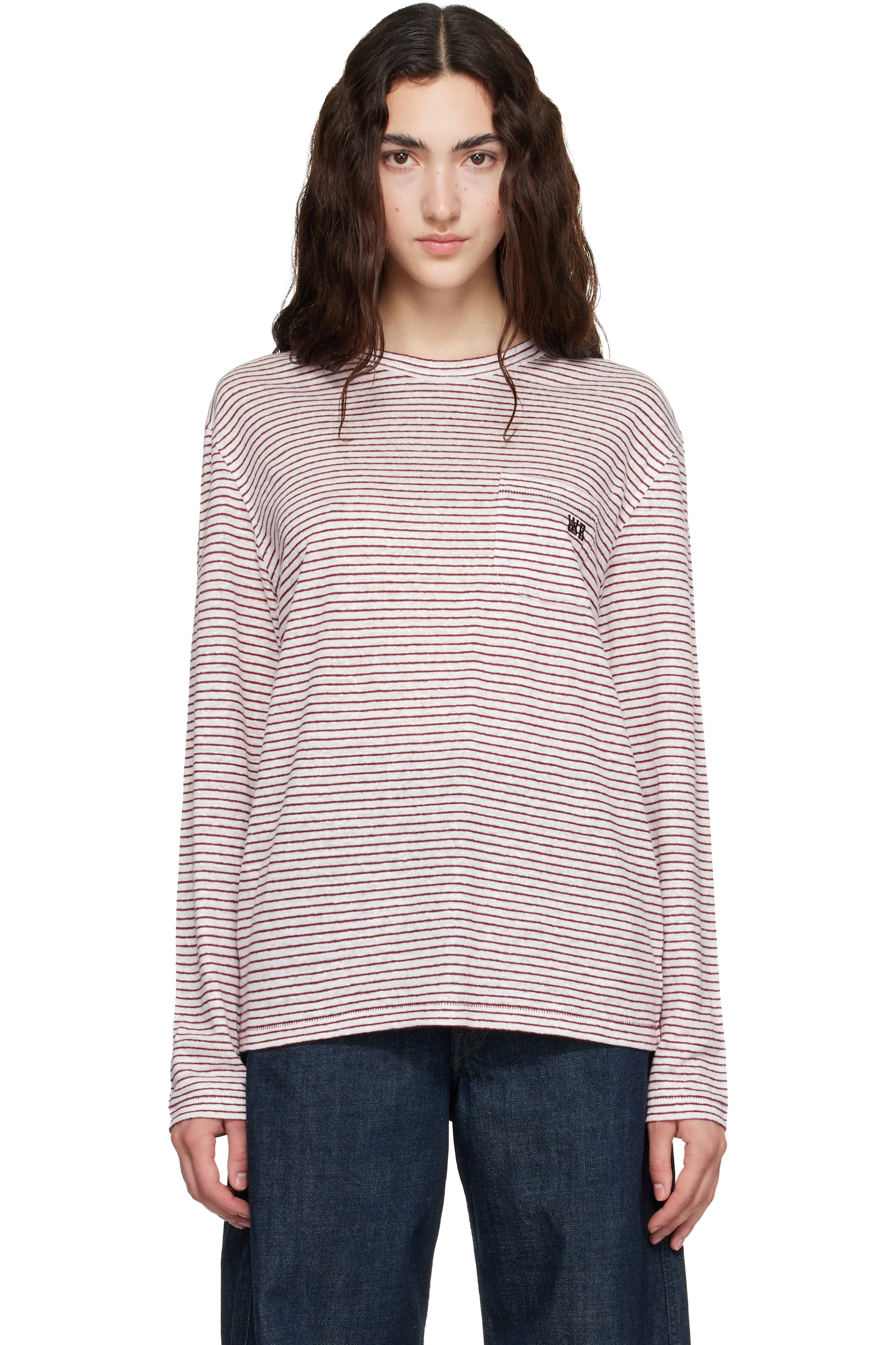 Wales Bonner - 灰白色 & 酒红色 Linen Stripe Jersey Hour T 恤