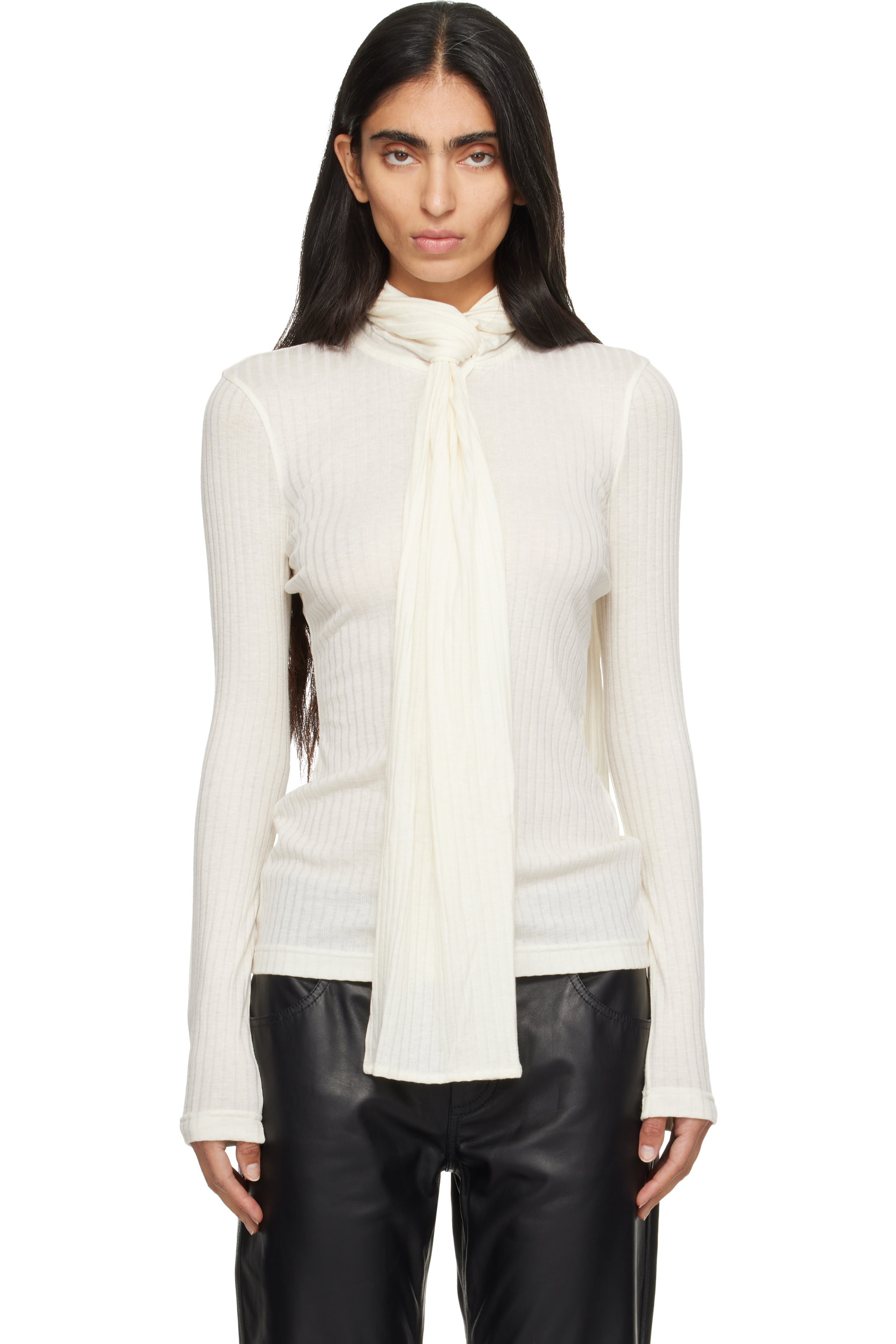 TOTEME - Off-White Ribbed Bow Blouse