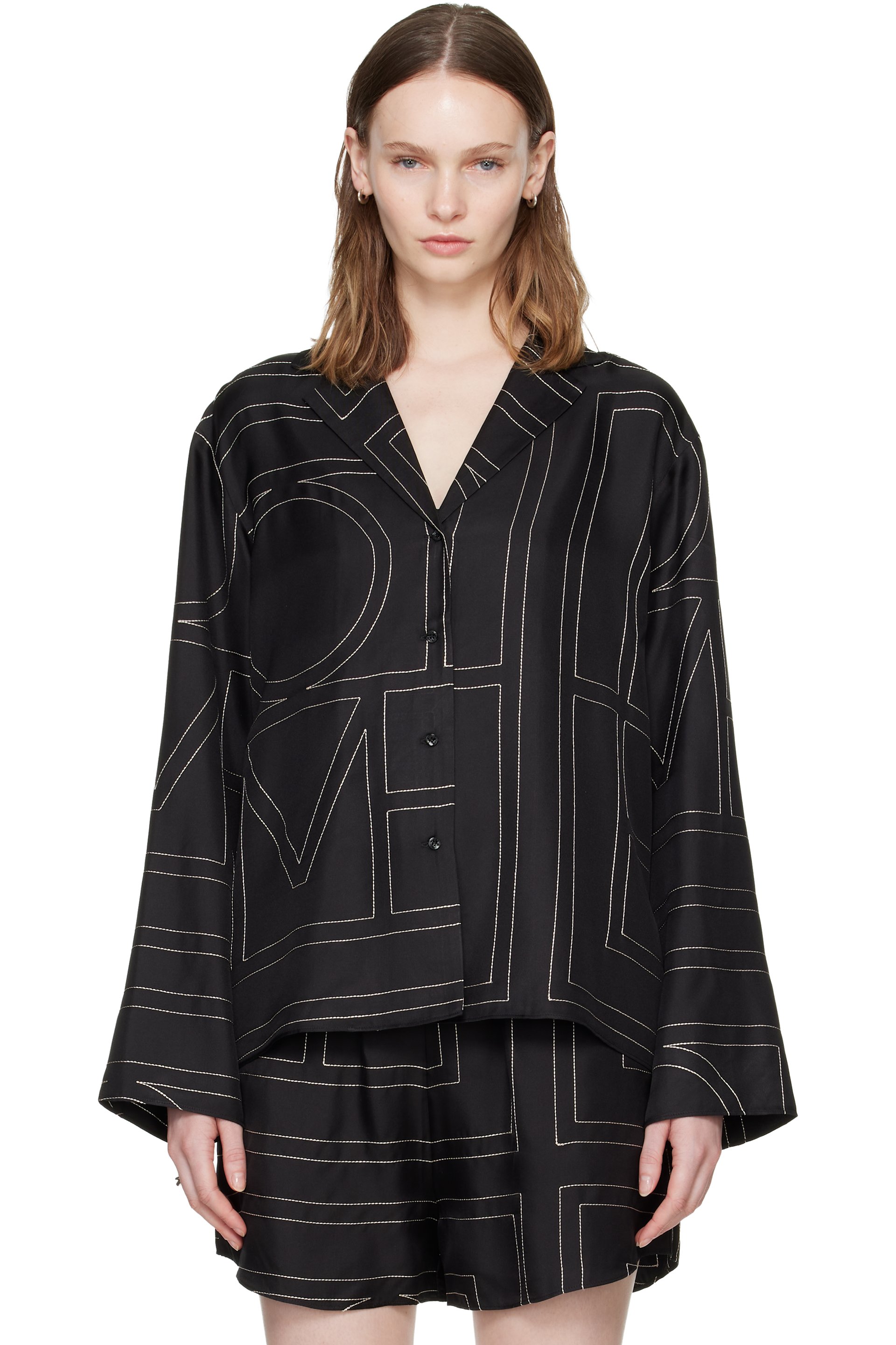 TOTEME - Black Monogram Silk PJ Shirt