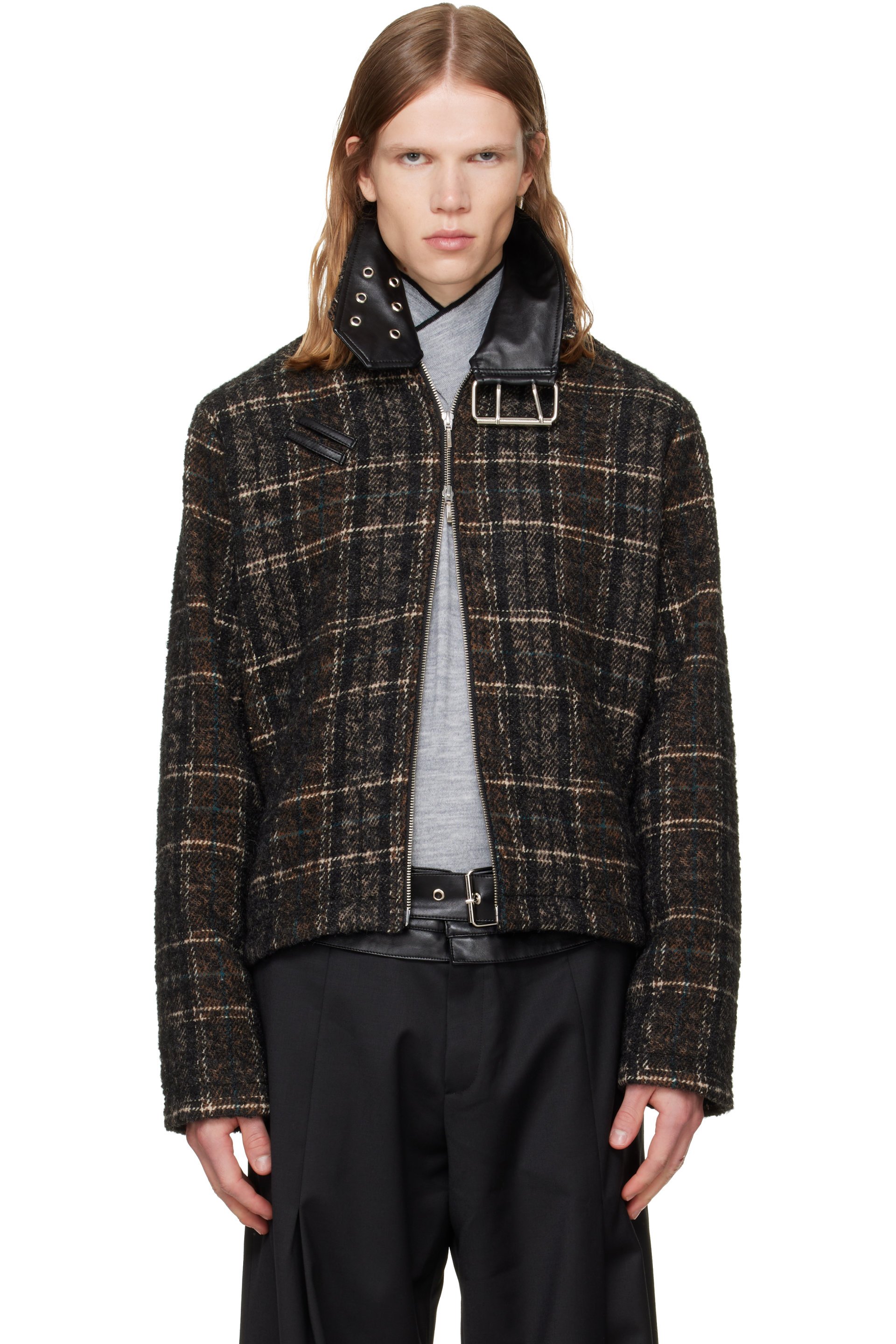 a.v. vattev - Brown & Black Detachable Collar-Belt Wool Jacket