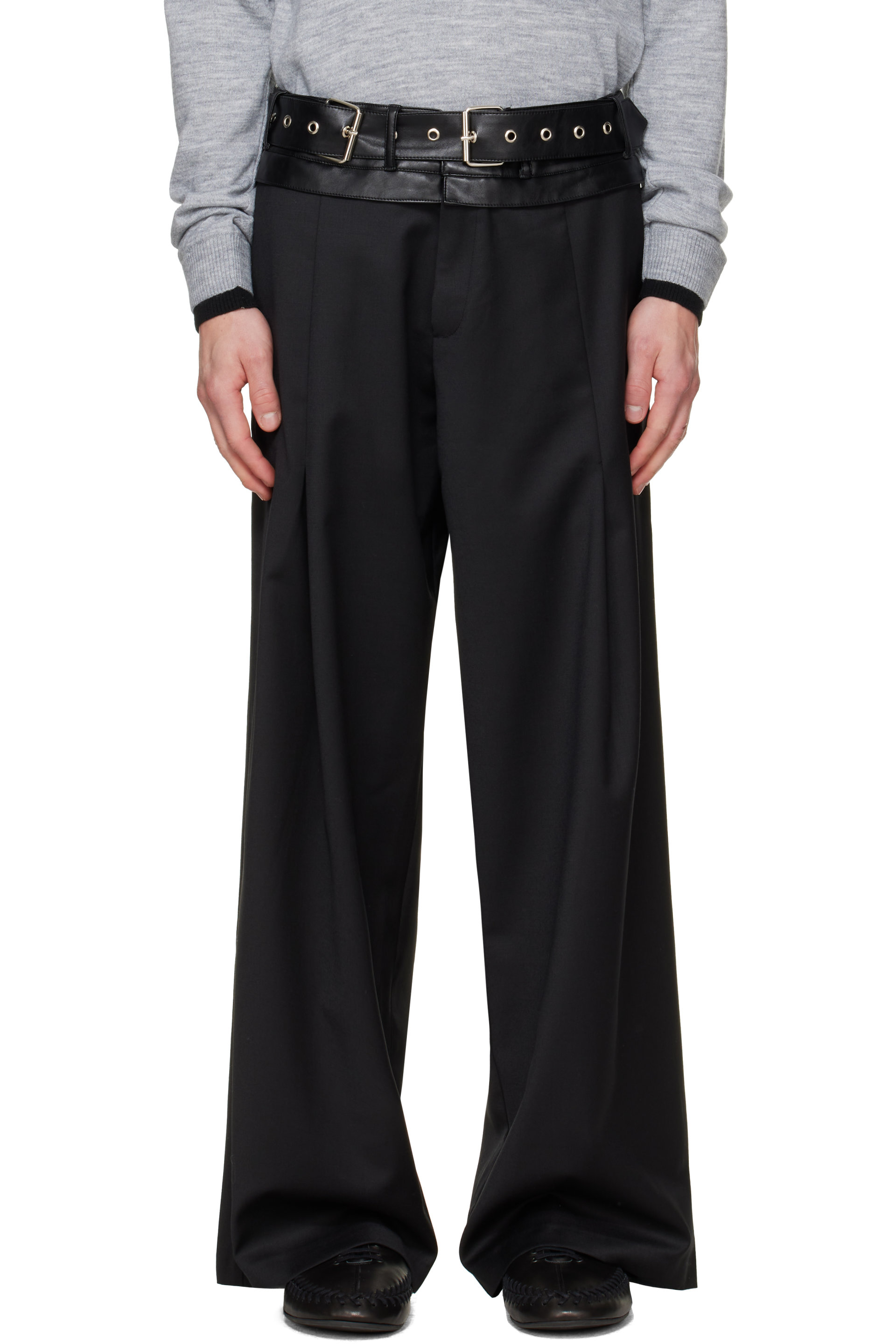 a.v. vattev - Black Double Leather Belt Pleated Trousers