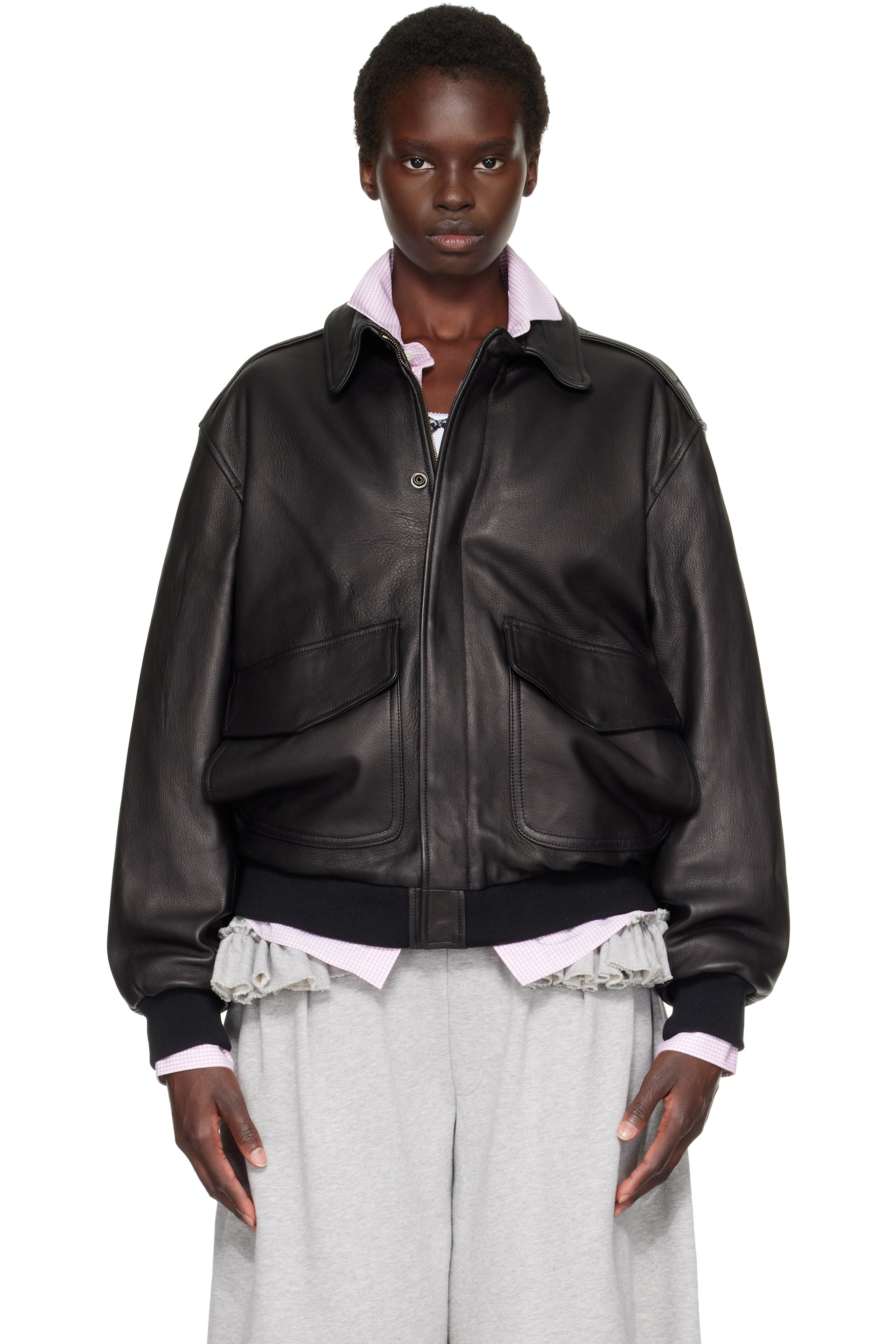 HommeGirls - Blouson aviateur brun en cuir à glissière