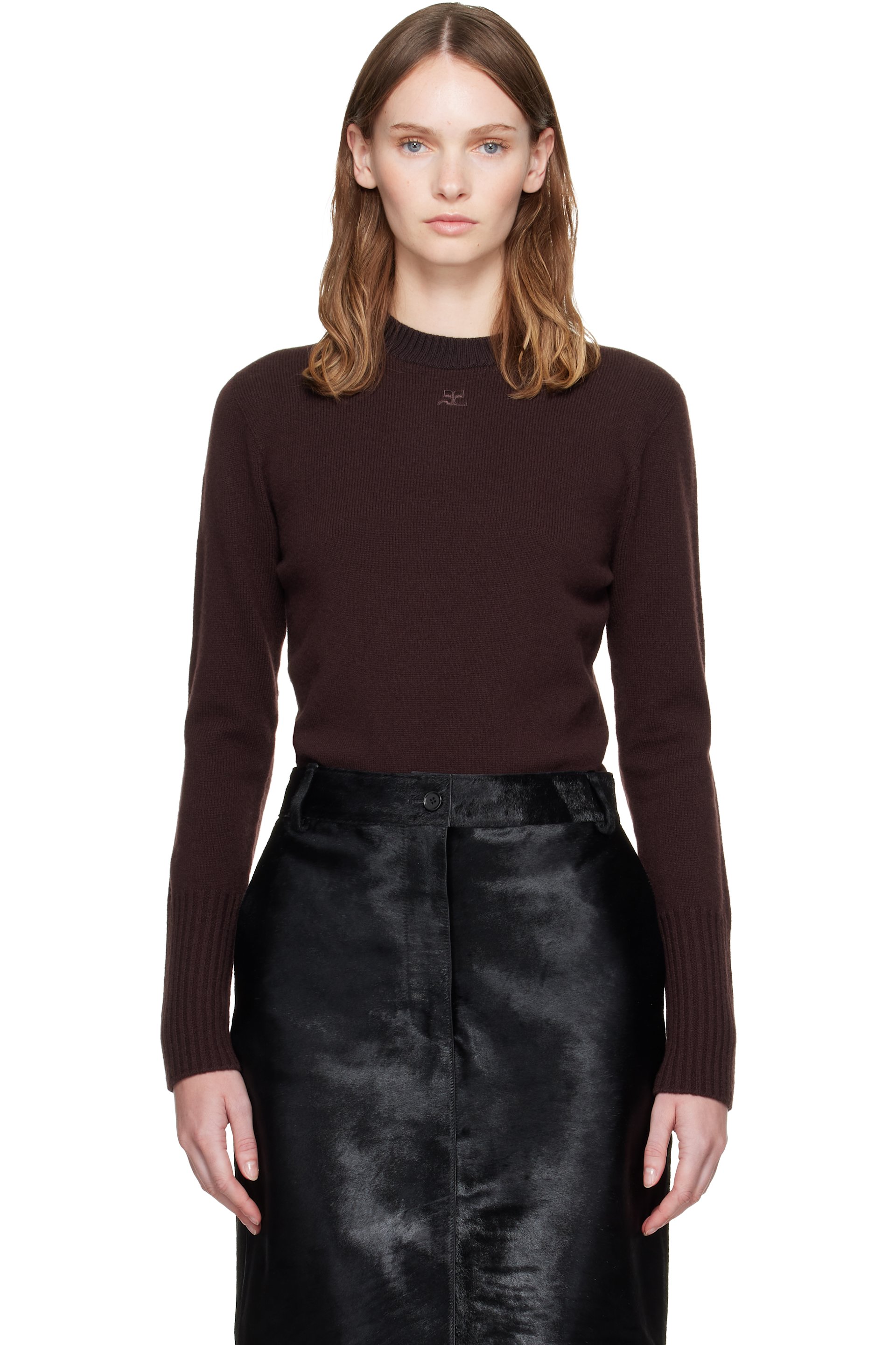 Courrèges - Brown Lambswool Fitted Crewneck Sweater