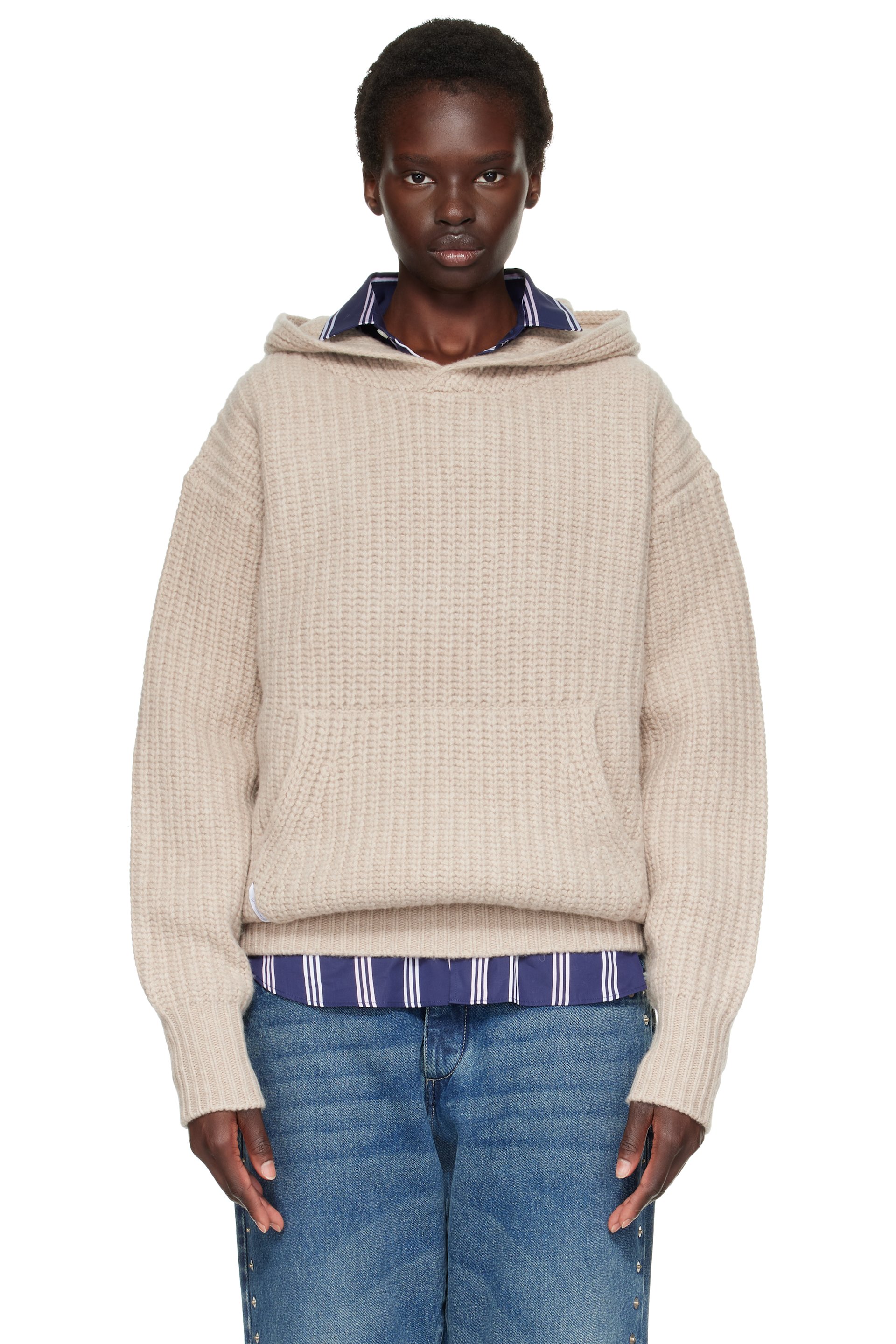 HommeGirls - Pull à capuche beige en tricot épais