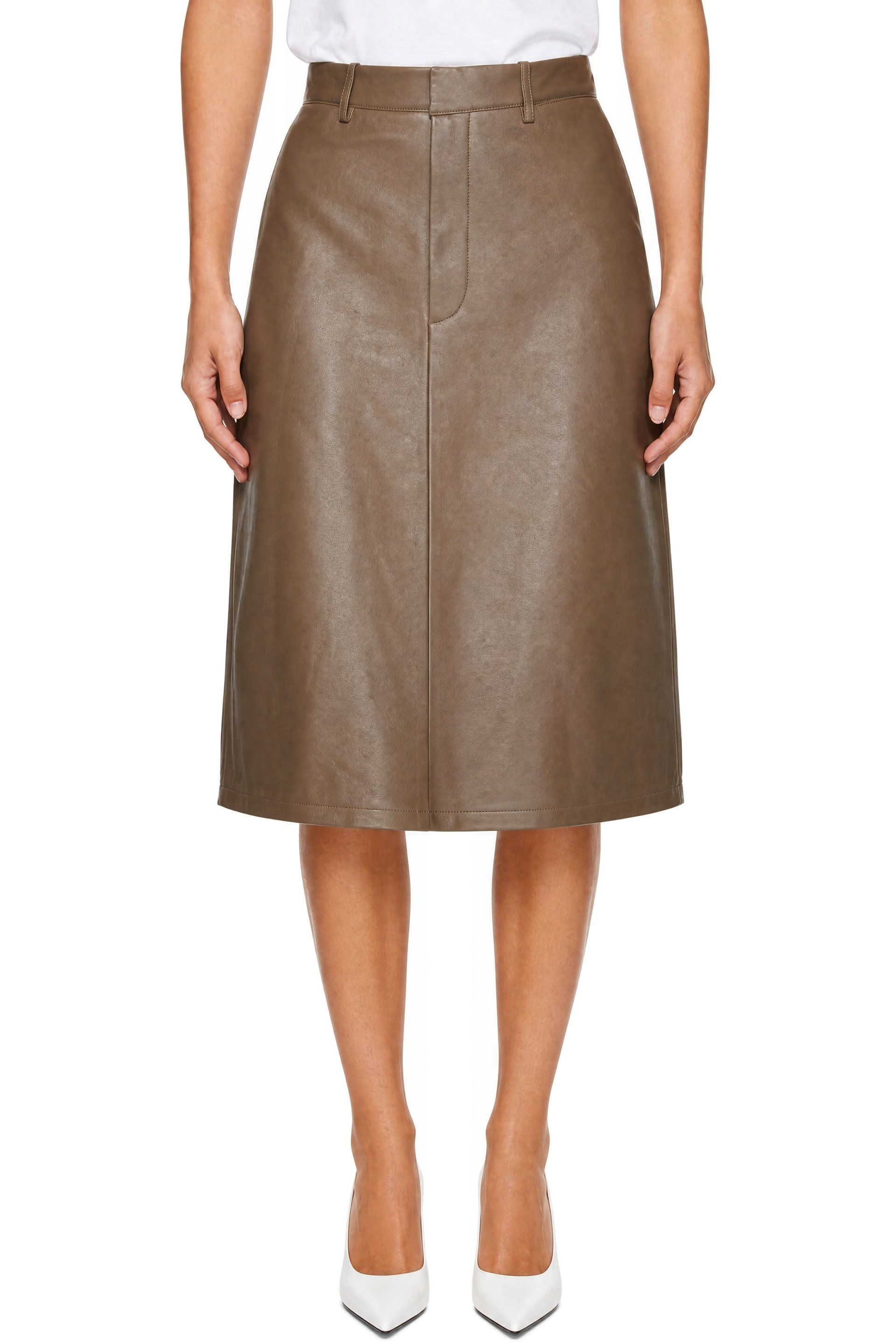Victoria Beckham - Brown Kick Detail Leather Midi Skirt
