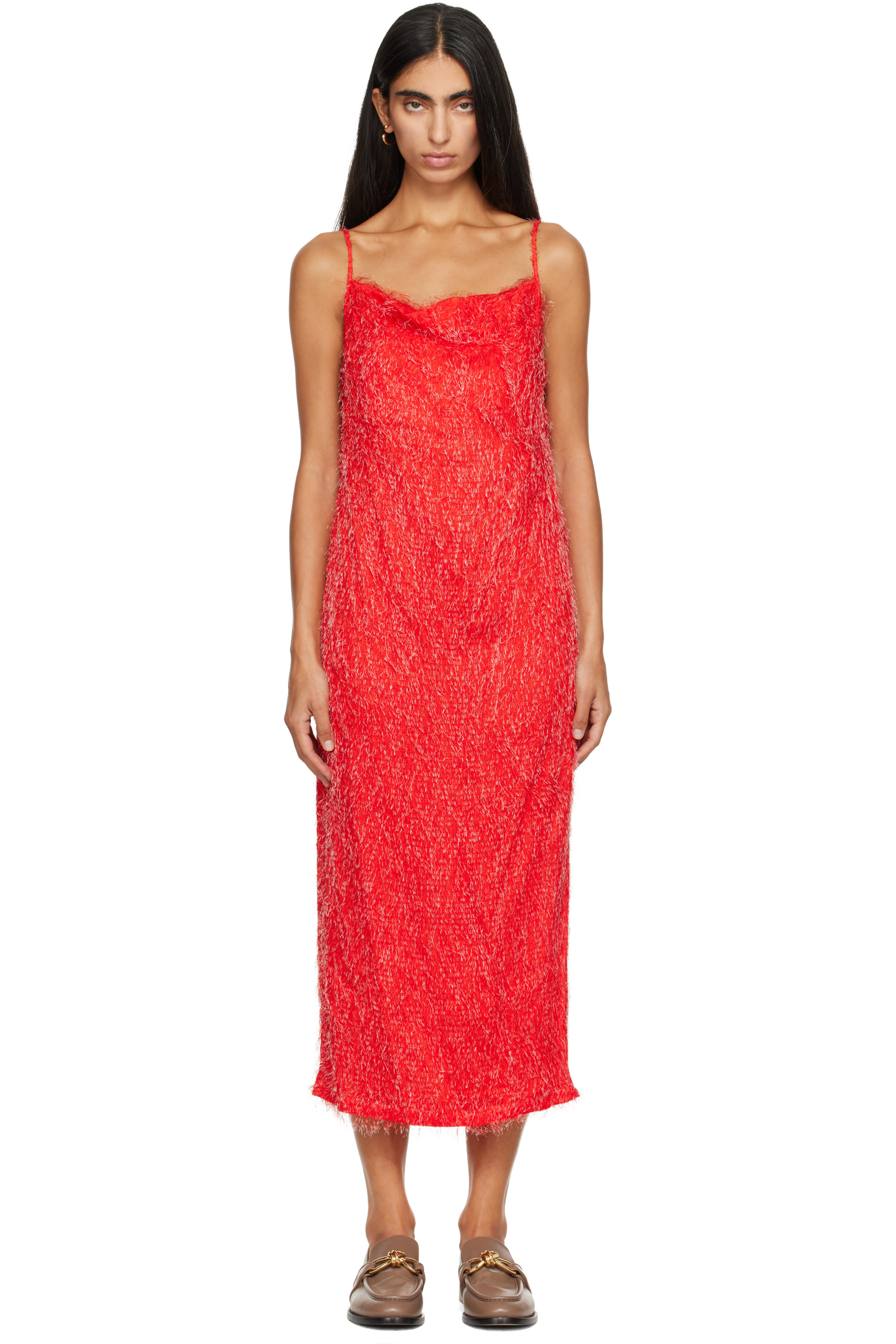 Bottega Veneta - Robe midi rouge en tissu à fils coupés de viscose.