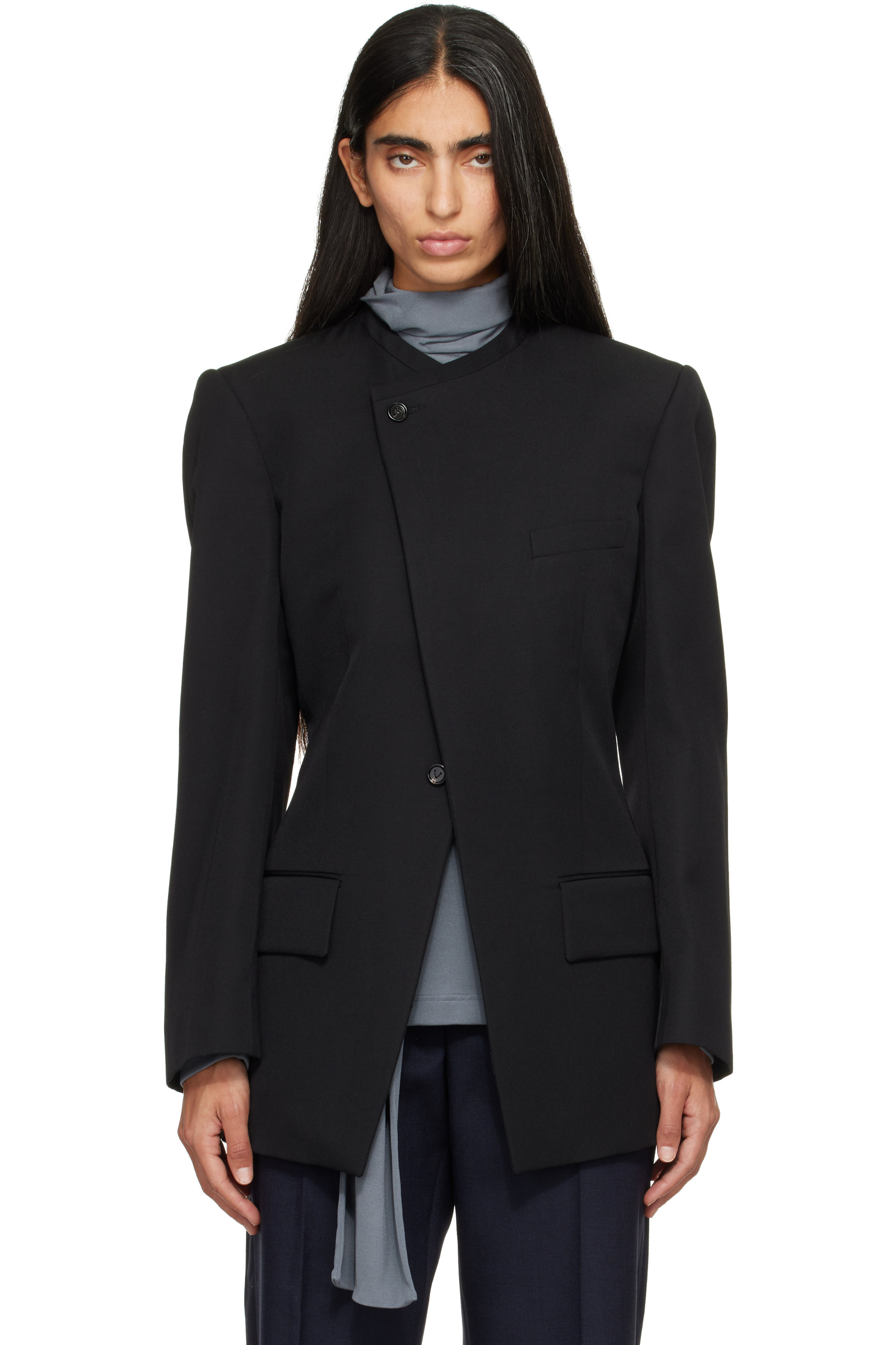 Bottega Veneta - Veston sans col noir en grain de poudre de laine