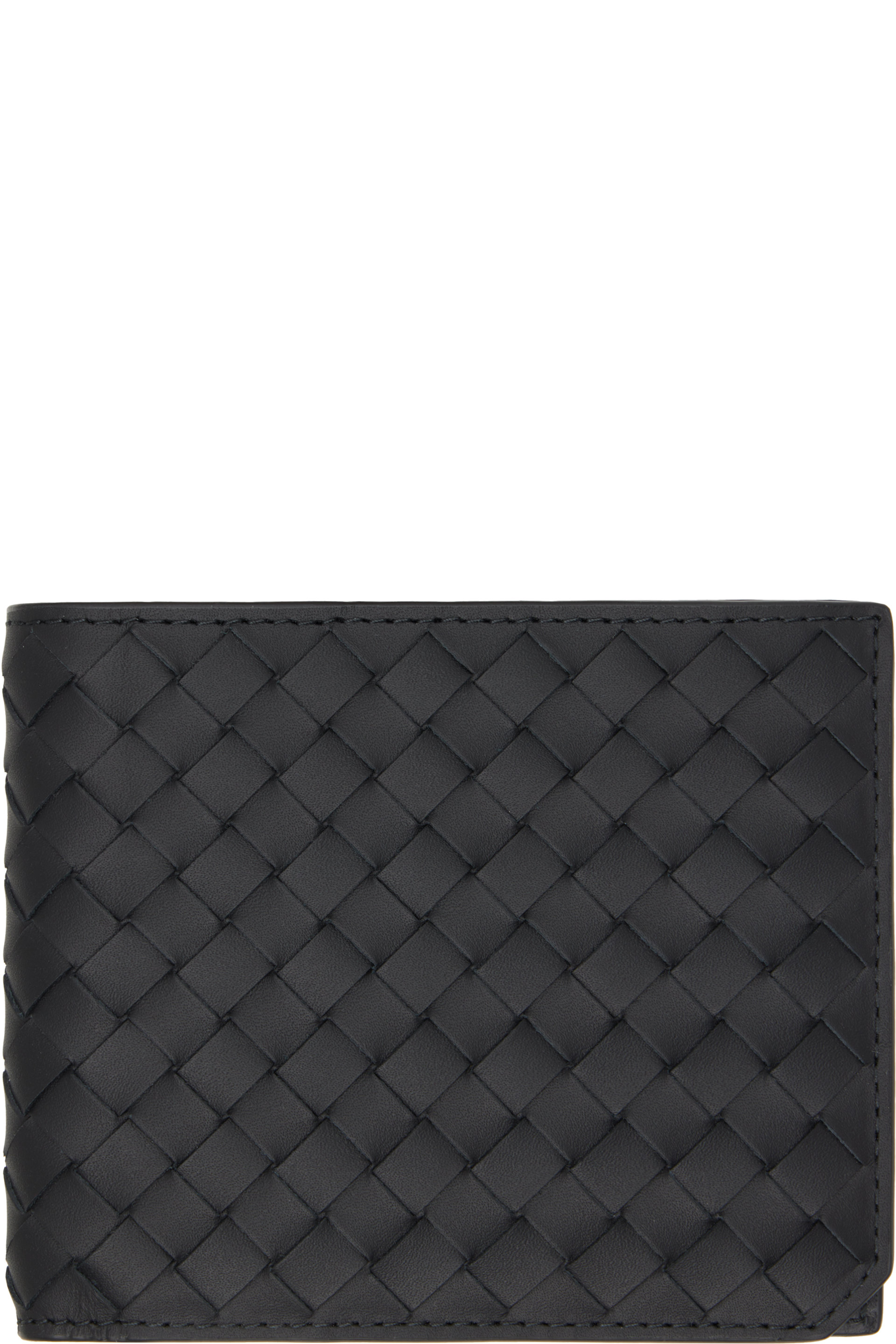 Bottega Veneta - Portefeuille à deux volets noir en cuir tissé façon intrecciato piccolo