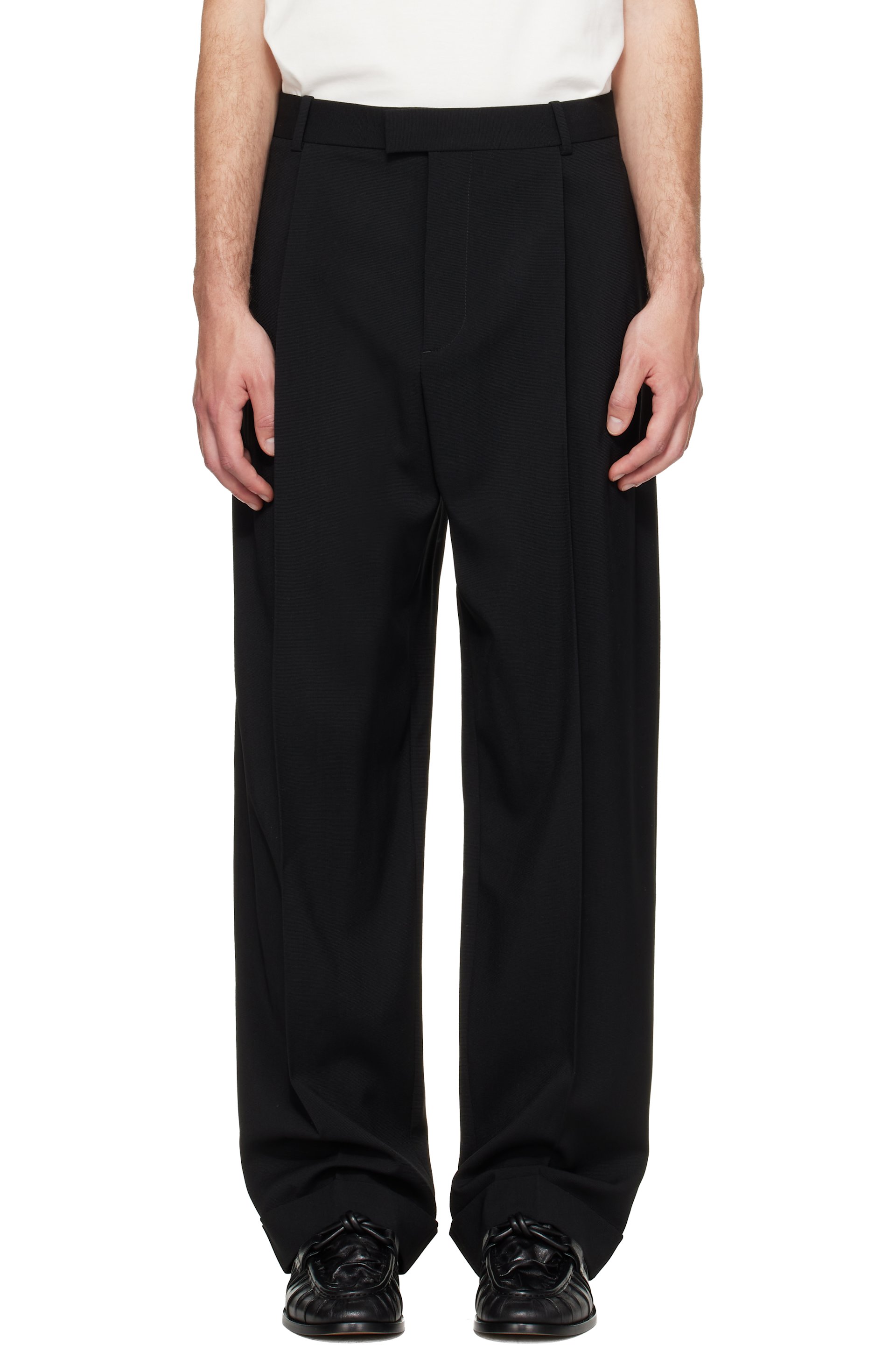 Bottega Veneta - Black Wool Faille One Pleat Wide Leg Trousers