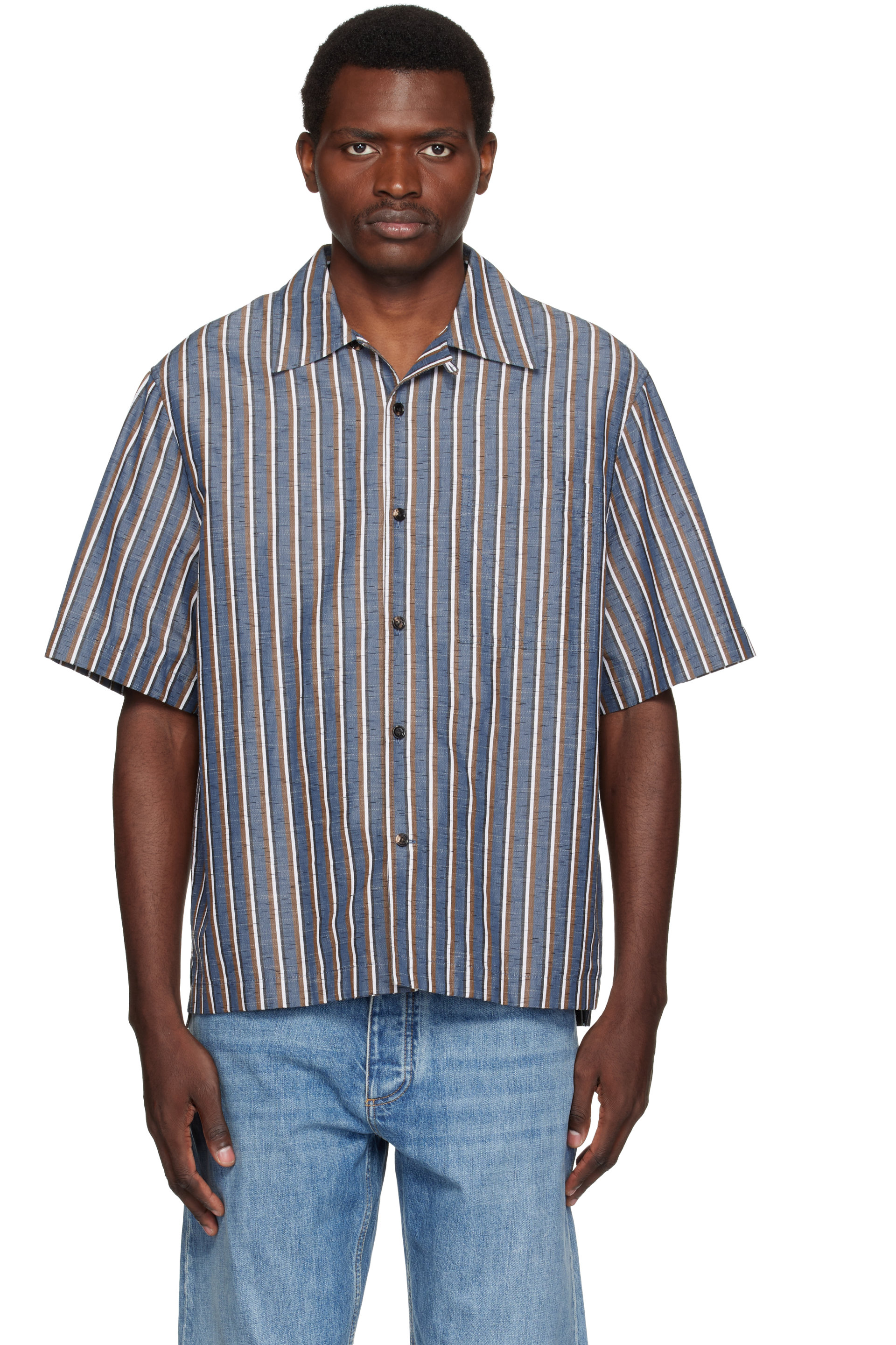 Bottega Veneta - 蓝色 Bold Cotton Linen Stripe 衬衫