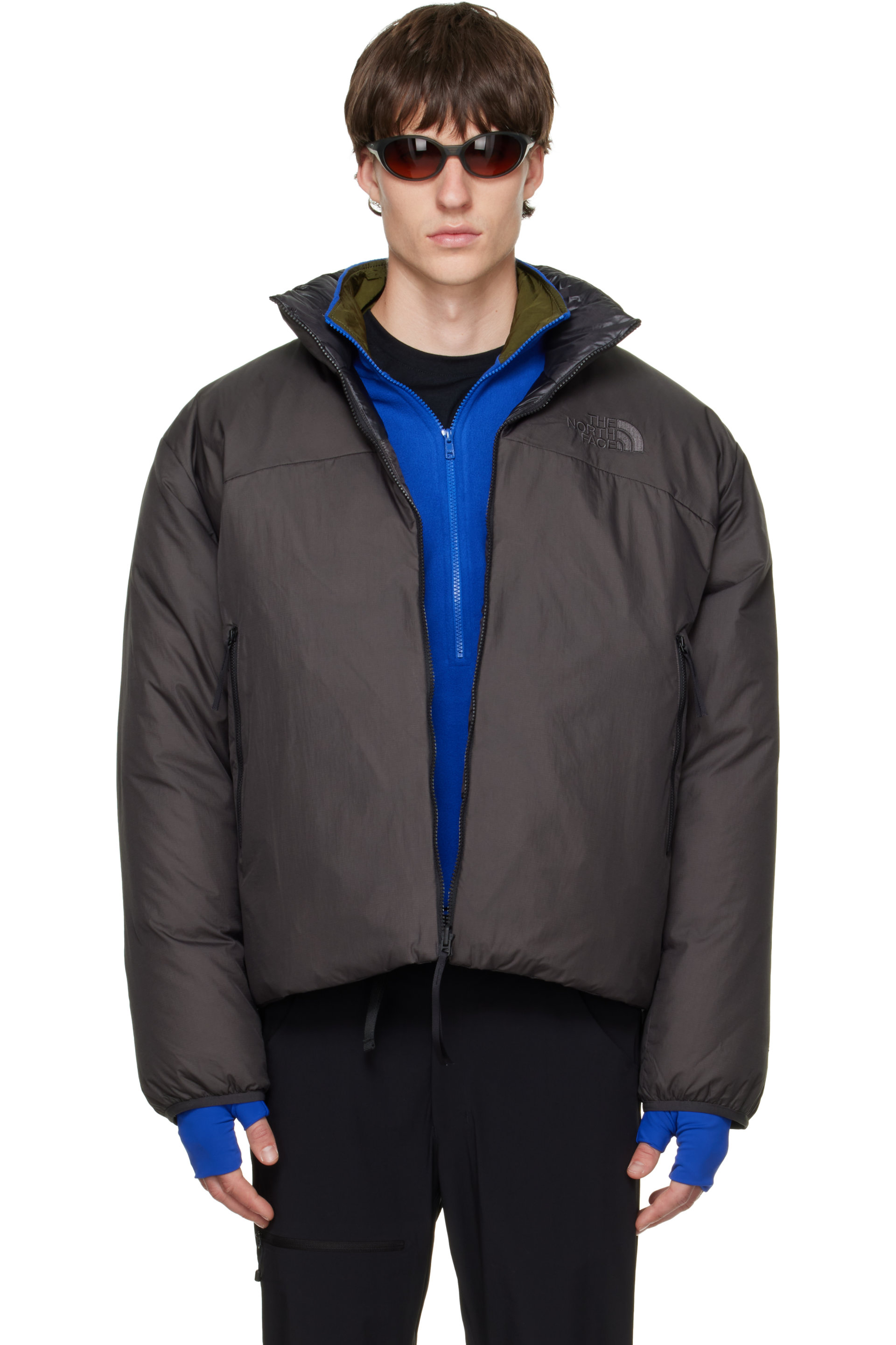 The North Face - Blouson réversible Pertex Nuptse gris rembourré en duvet