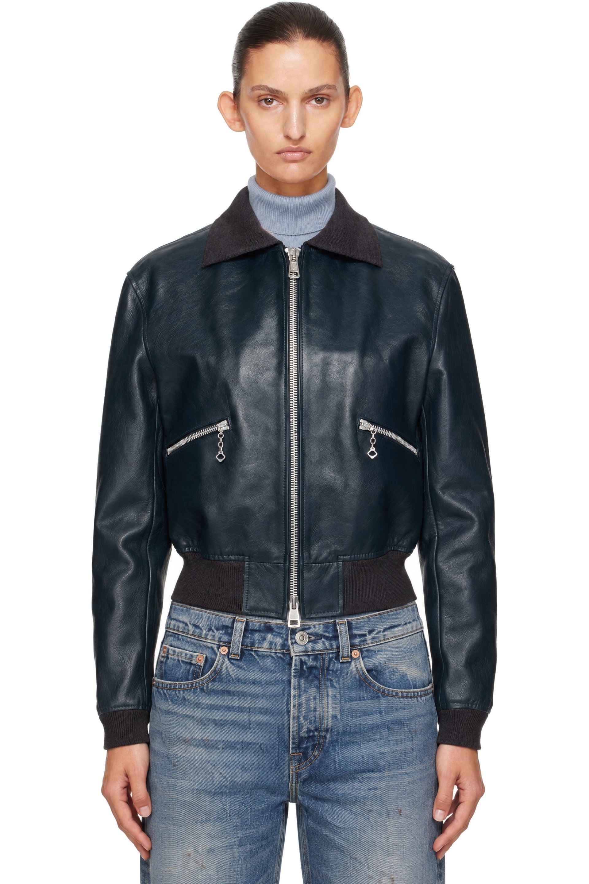 OUR LEGACY - Navy Mini Leather Bomber Jacket