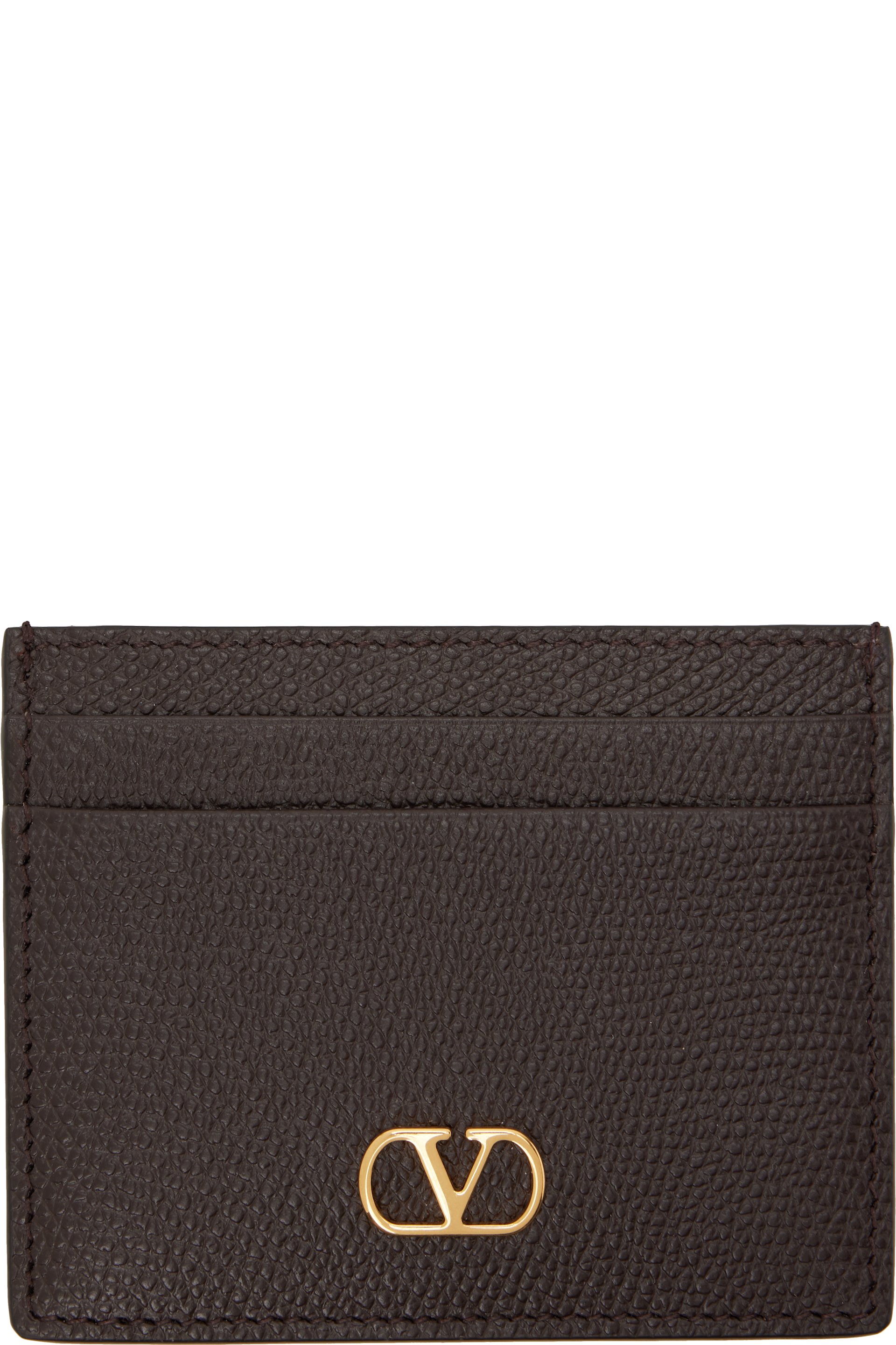 Valentino Garavani - Porte-carte brun en cuir de veau grainé à logo en V