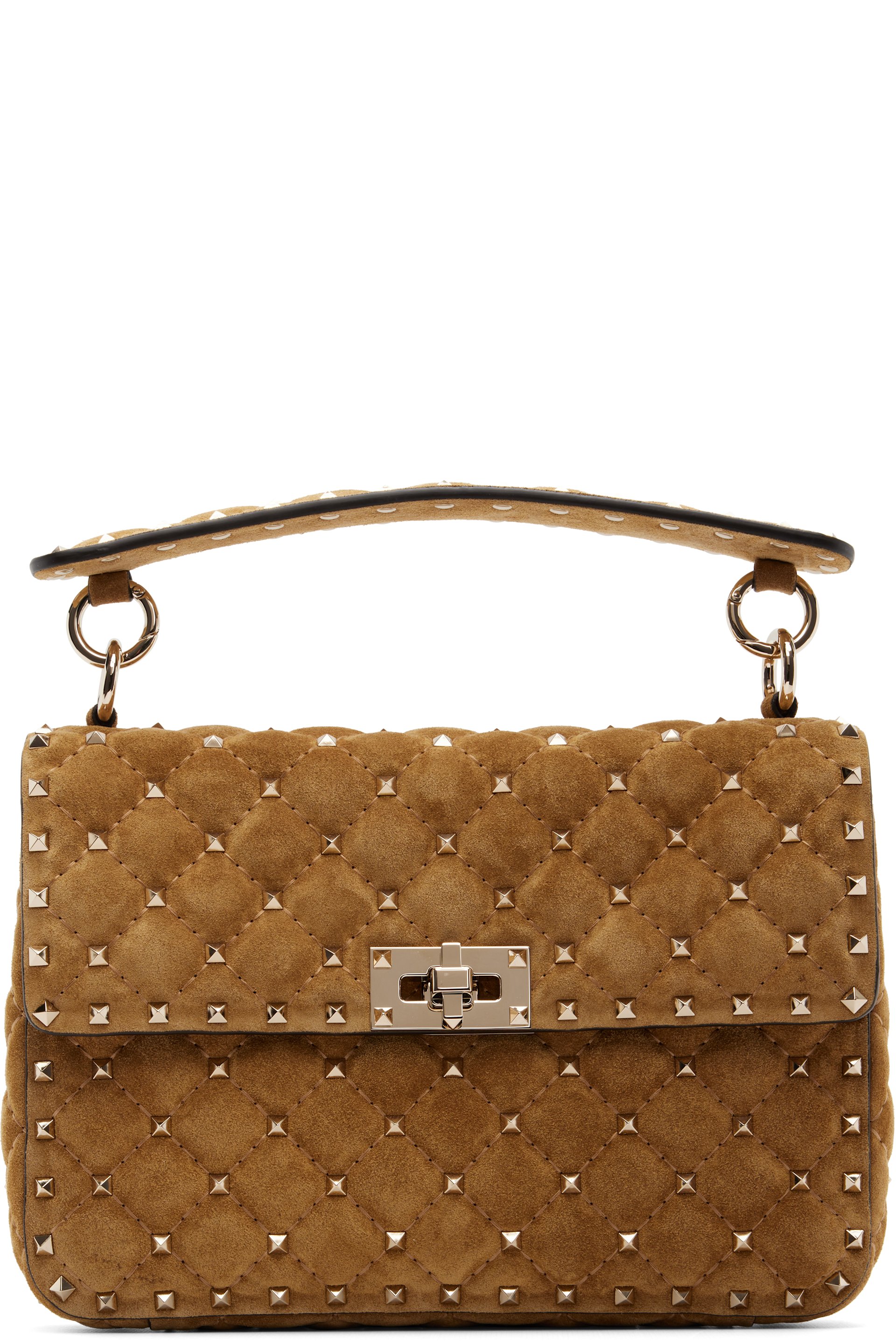 Valentino Garavani - Moyen sac brun clair en suède à clous Rockstud