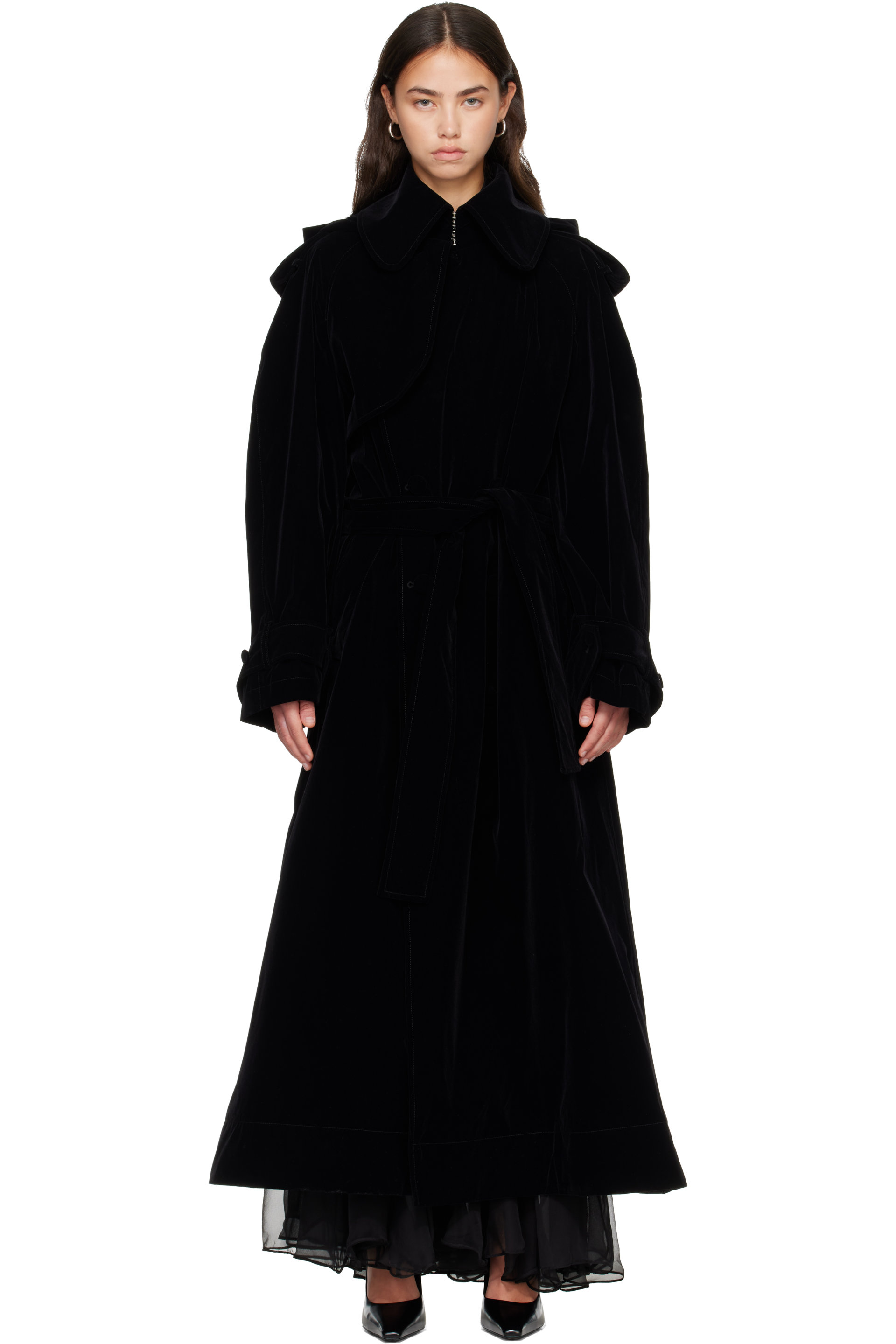 Jean Paul Gaultier - Black Nylon Flock Long Trench Coat