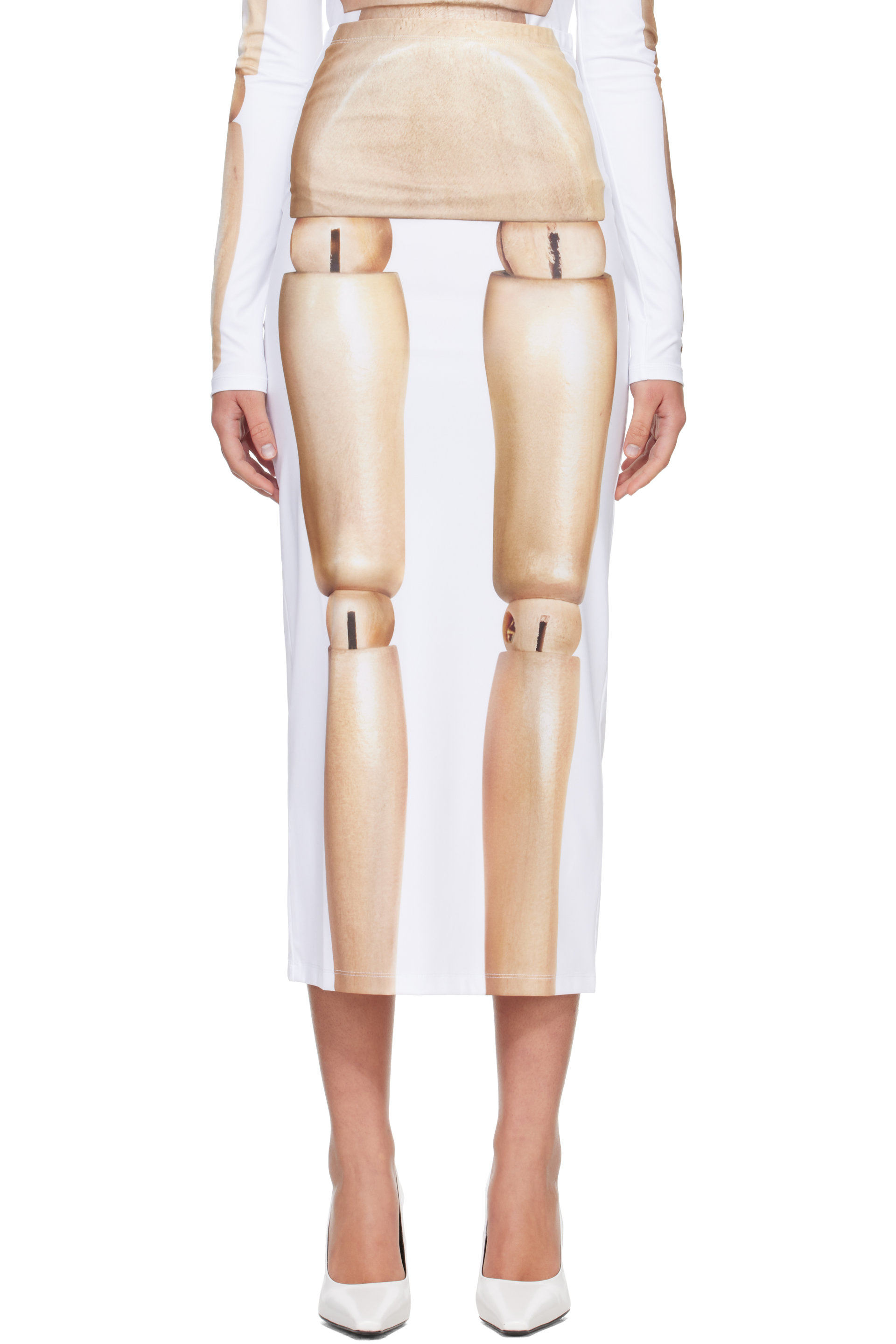 Jean Paul Gaultier - White & Beige 'The Wooden Body' Midi Skirt