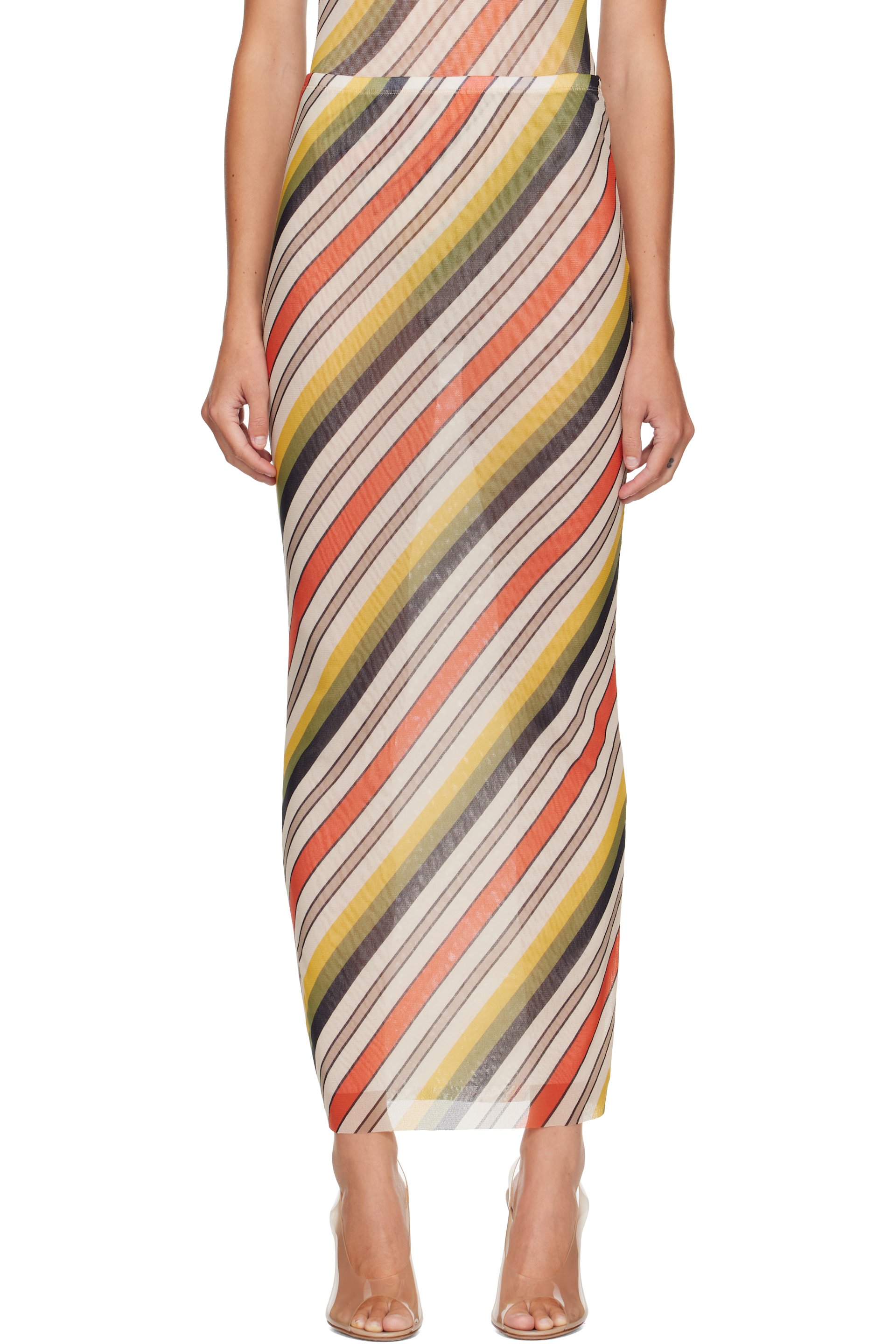 Jean Paul Gaultier - Multicolor Mesh Printed Retro Stripe Maxi Skirt