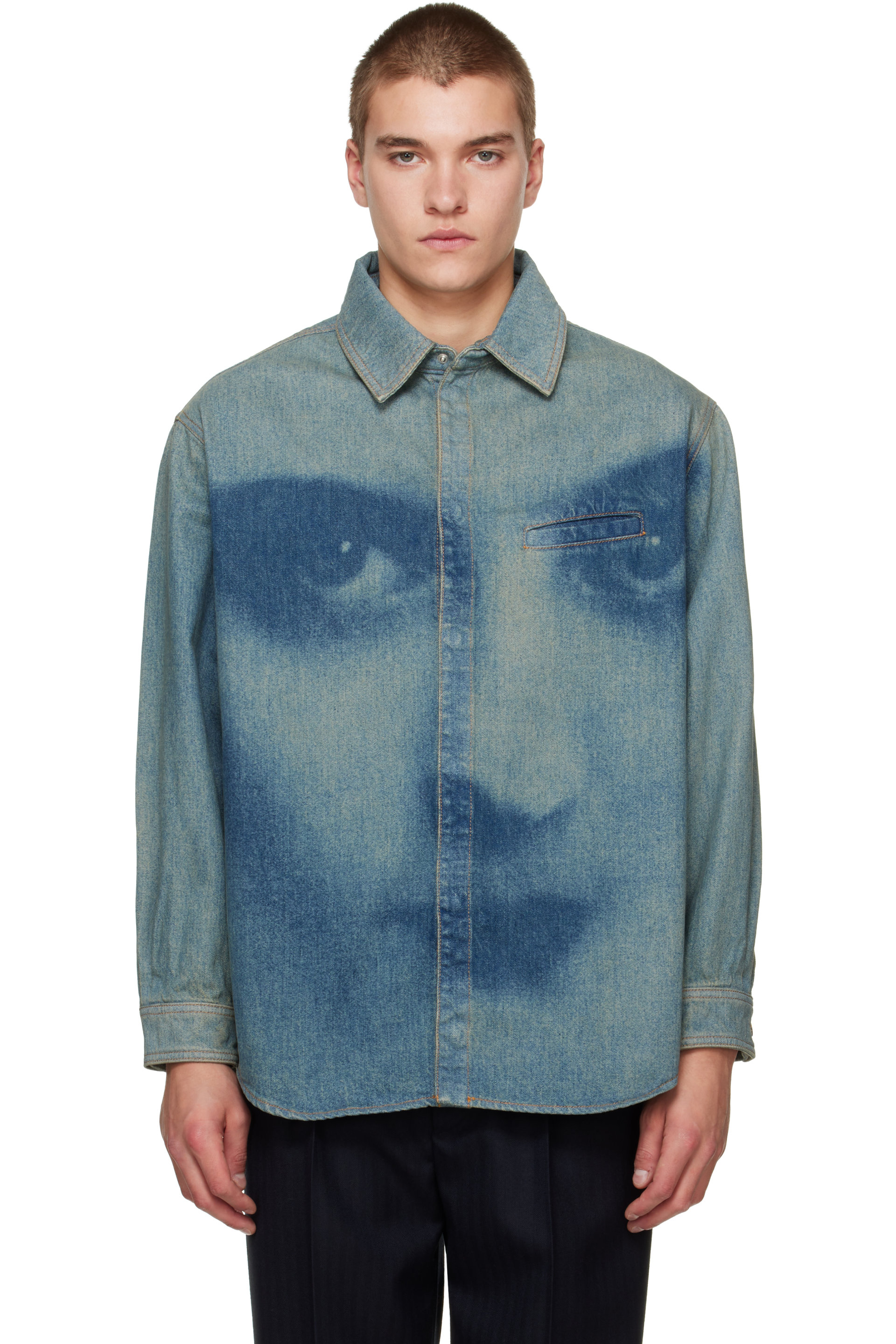 Jean Paul Gaultier - Chemise surdimensionnée bleue en denim à image imprimée