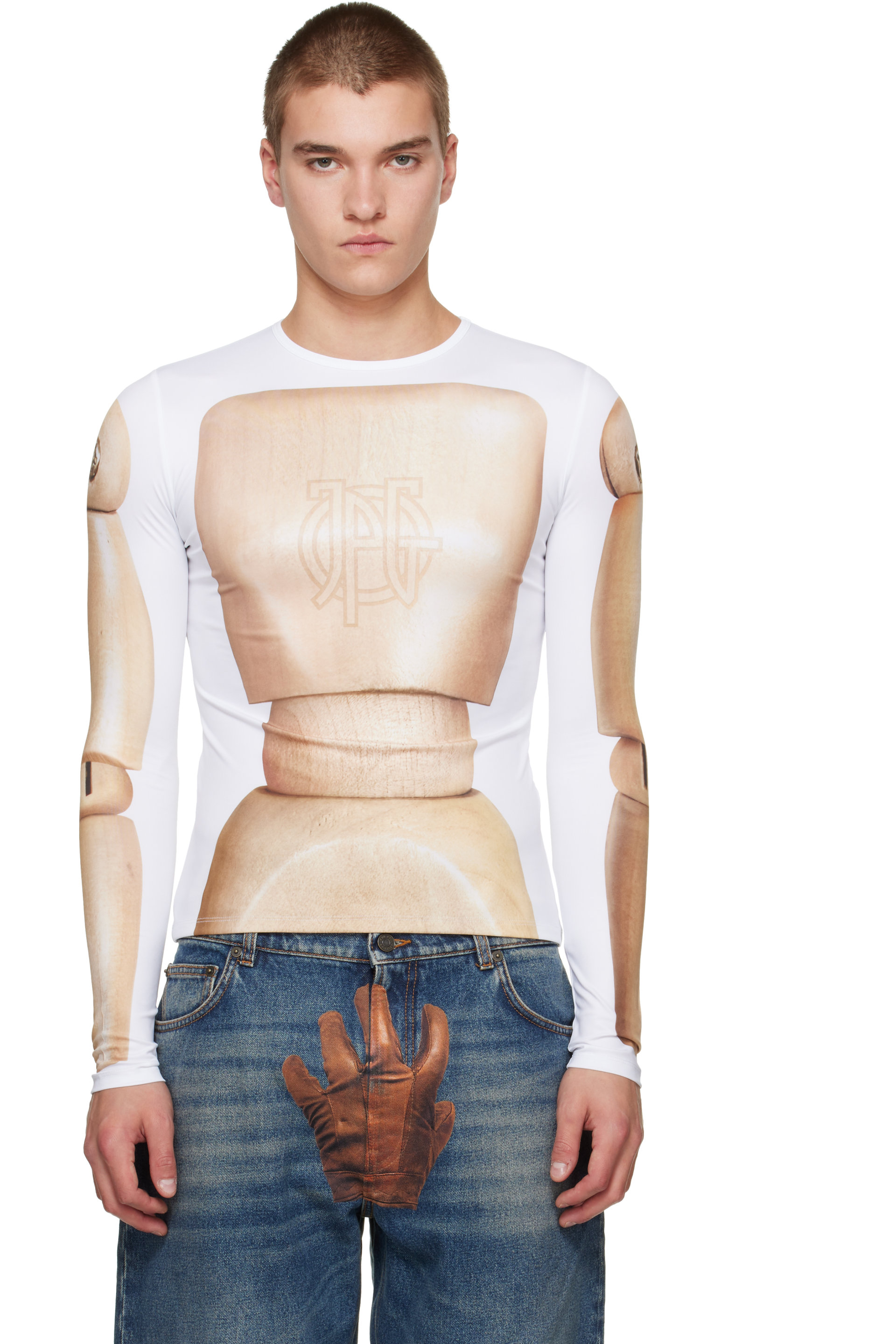 Jean Paul Gaultier - White & Beige 'The Wooden Body' T-shirt