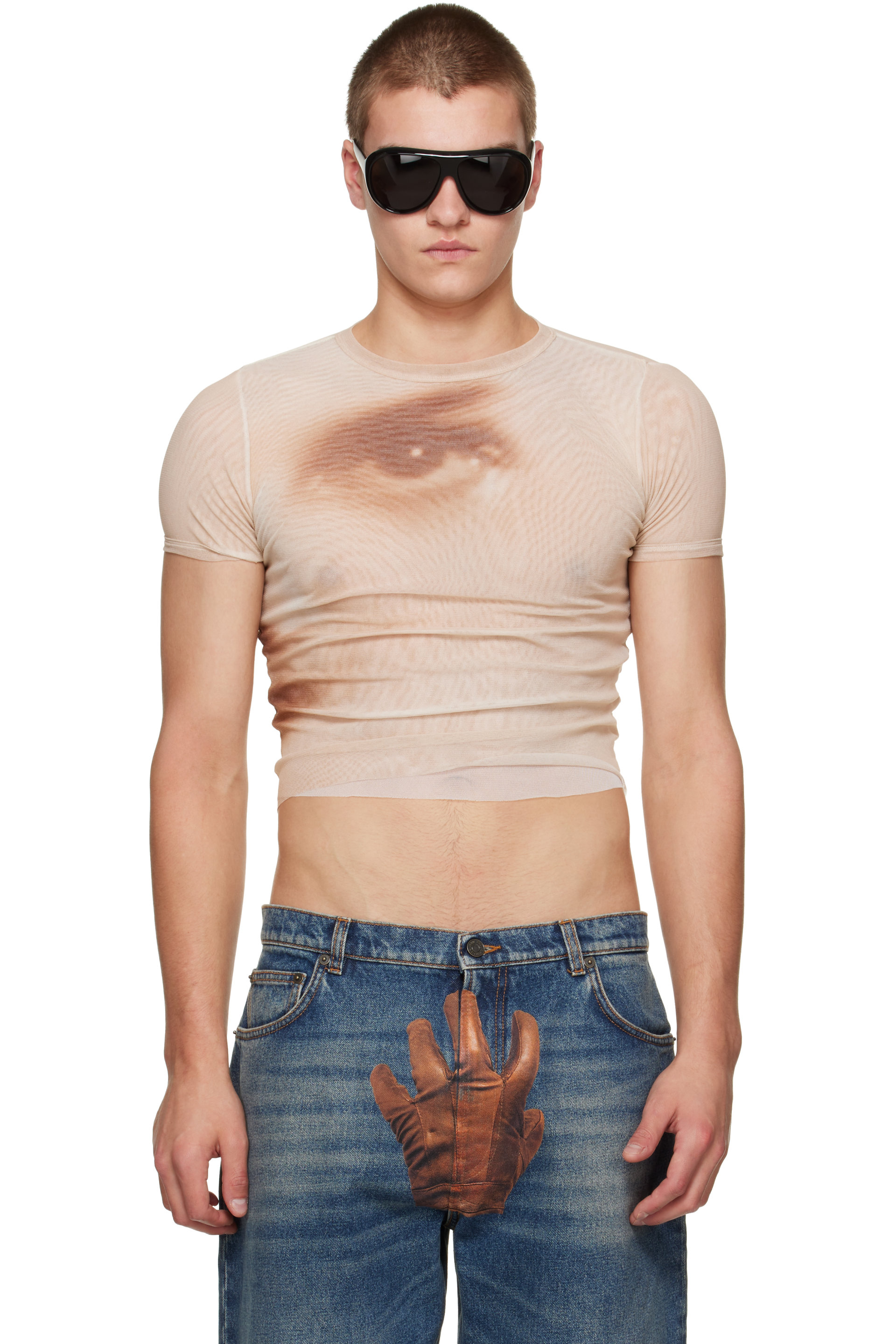 Jean Paul Gaultier - Micro t-shirt beige à imprimé Face