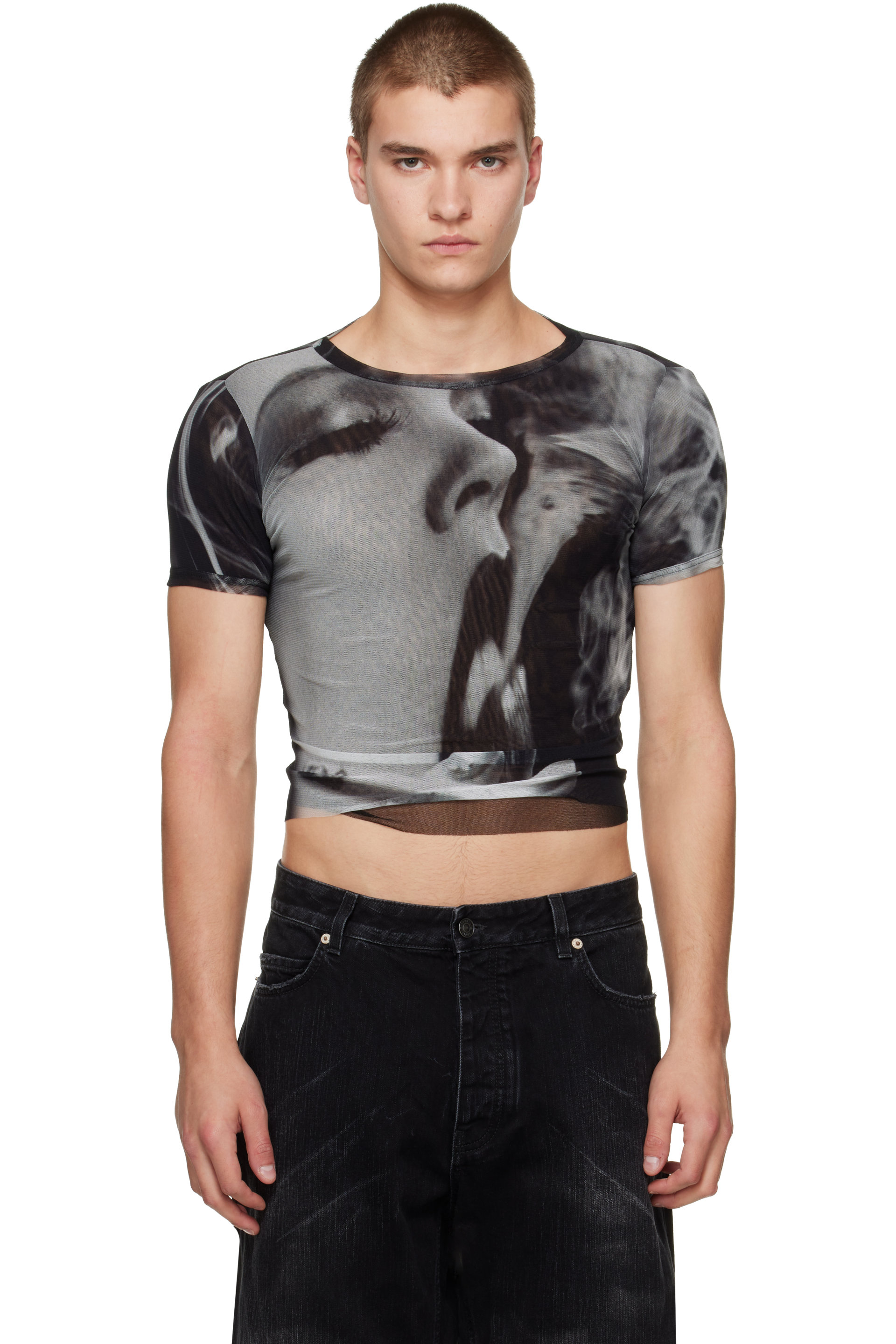 Jean Paul Gaultier - Micro t-shirt noir et gris à imprimé Smoking Women