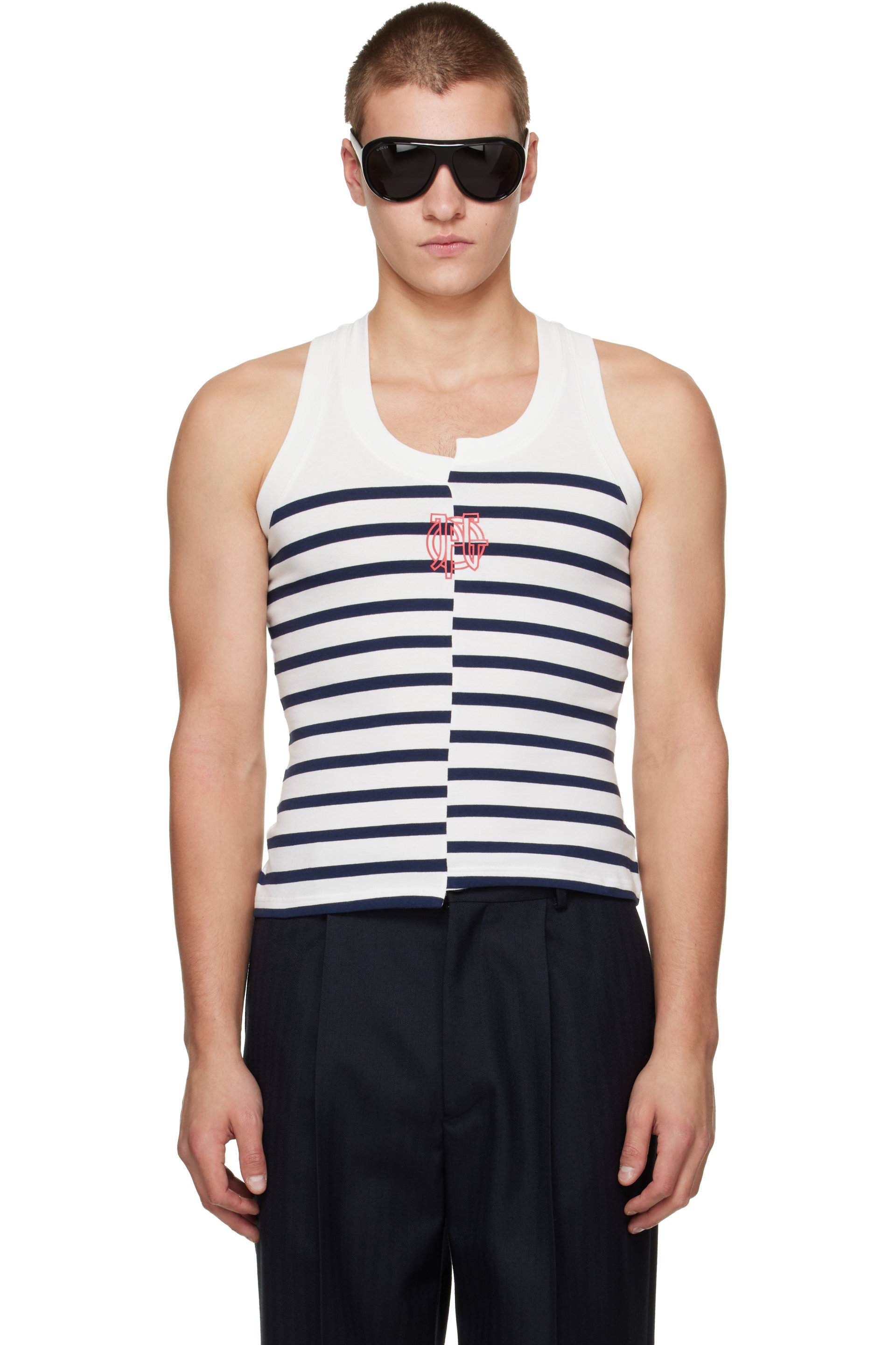 Jean Paul Gaultier - Débardeur blanc et bleu marine à logo JPG et à rayures marinières