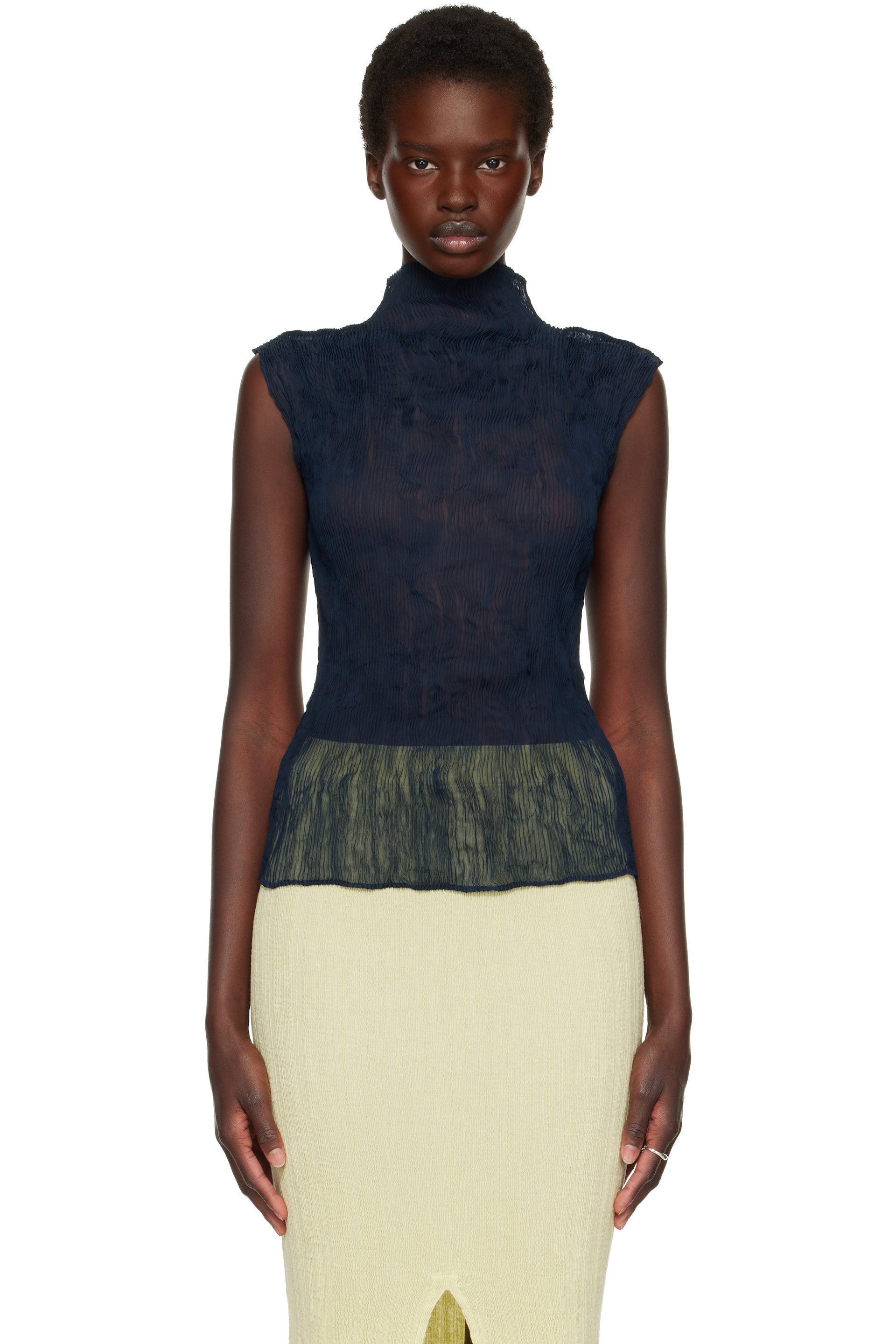 ISSEY MIYAKE - Navy Chiffon Twist 1 Top