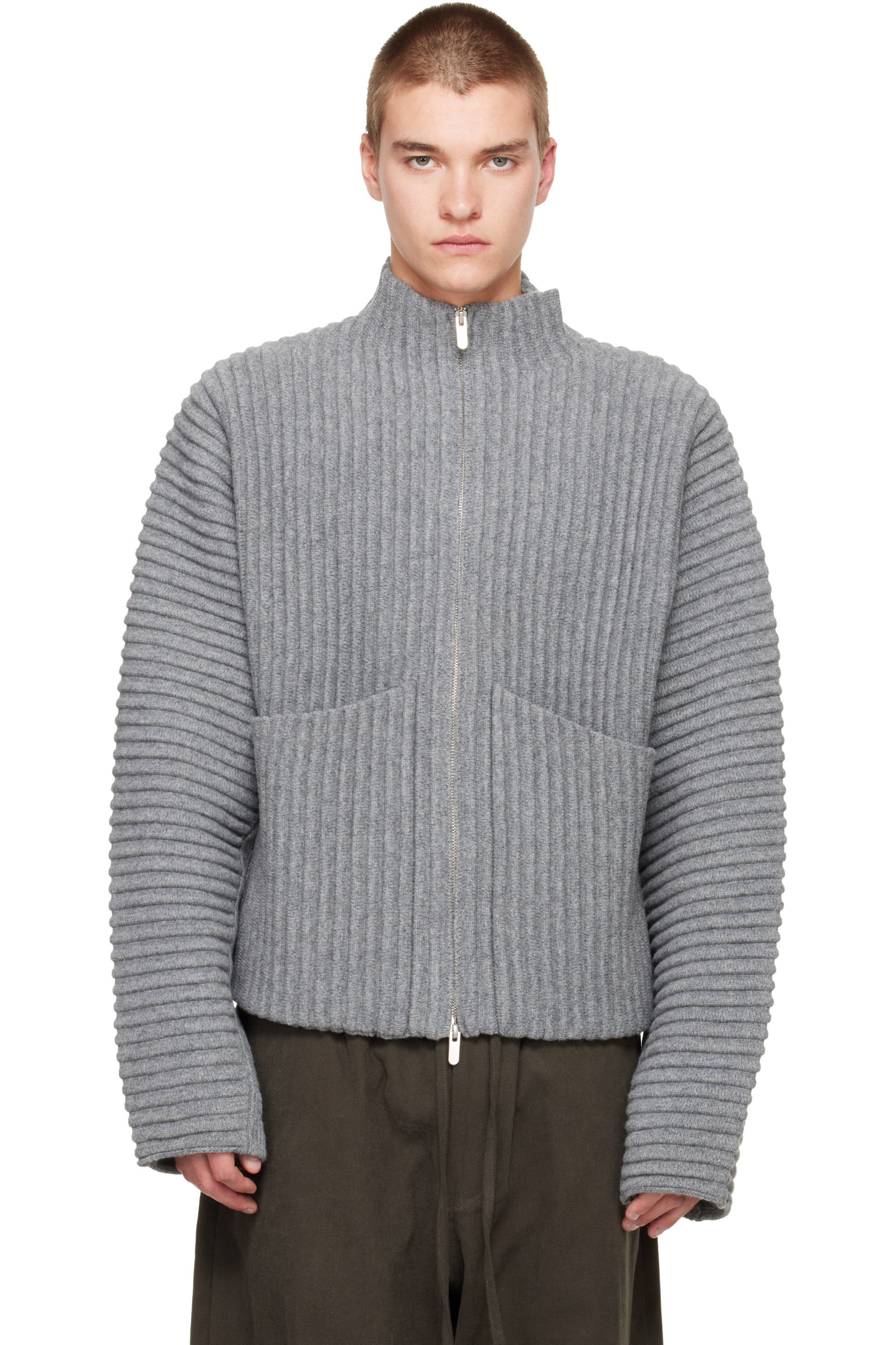 Seventh - Cardigan Globe gris en tricot côtelé