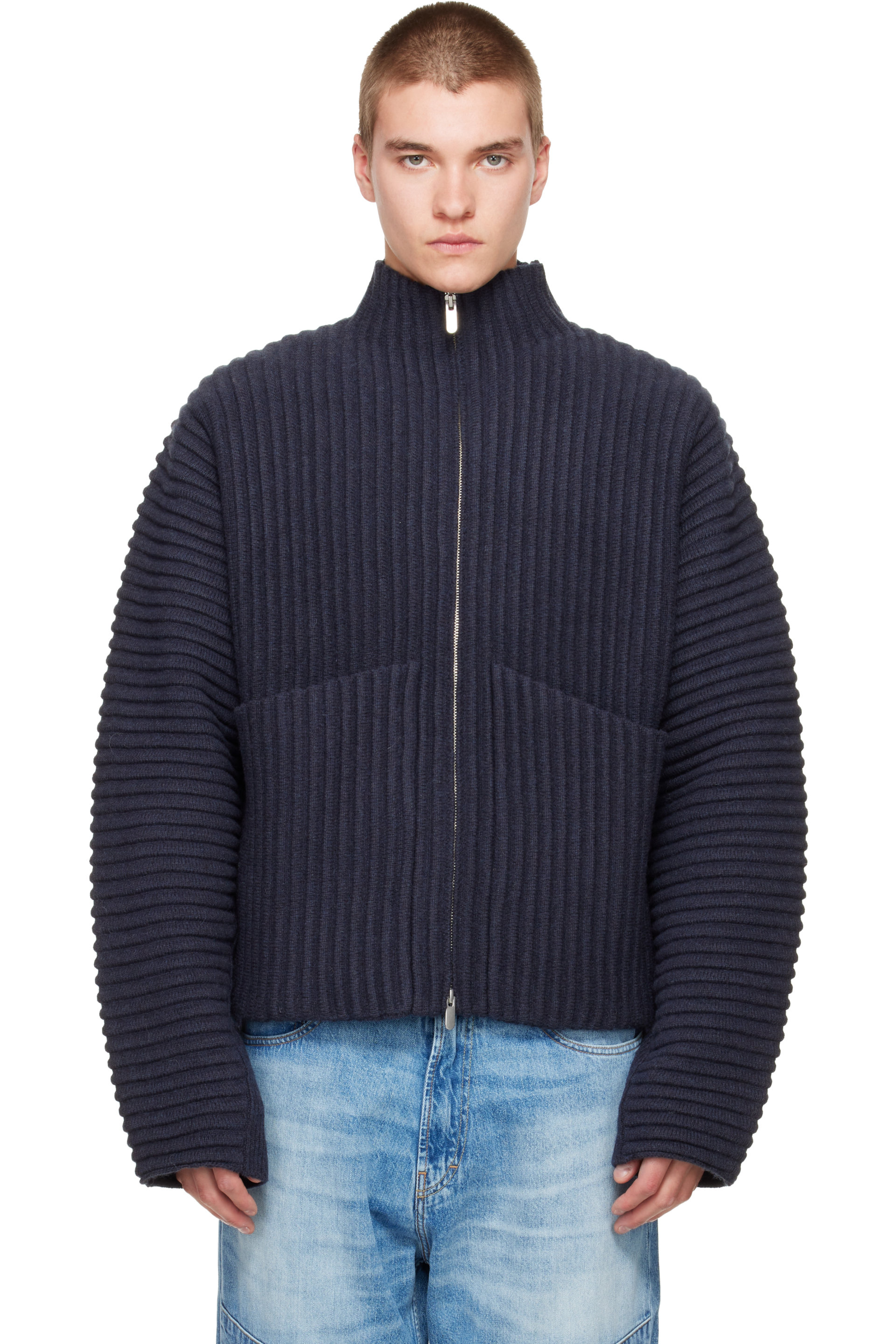 Seventh - Cardigan Globe bleu marine en tricot côtelé
