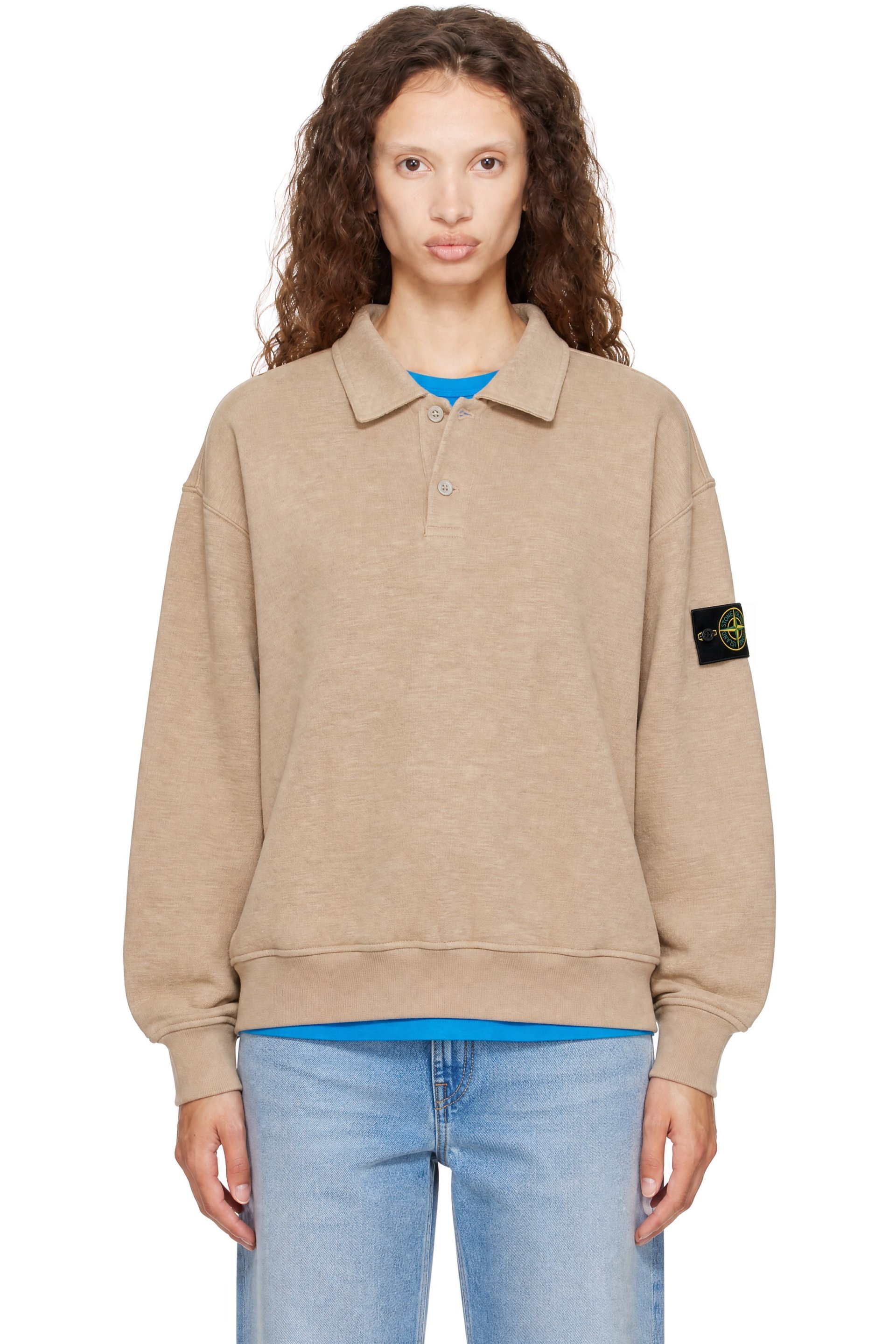 Stone Island - Pull molletonné de style polo 6100054 beige en coton